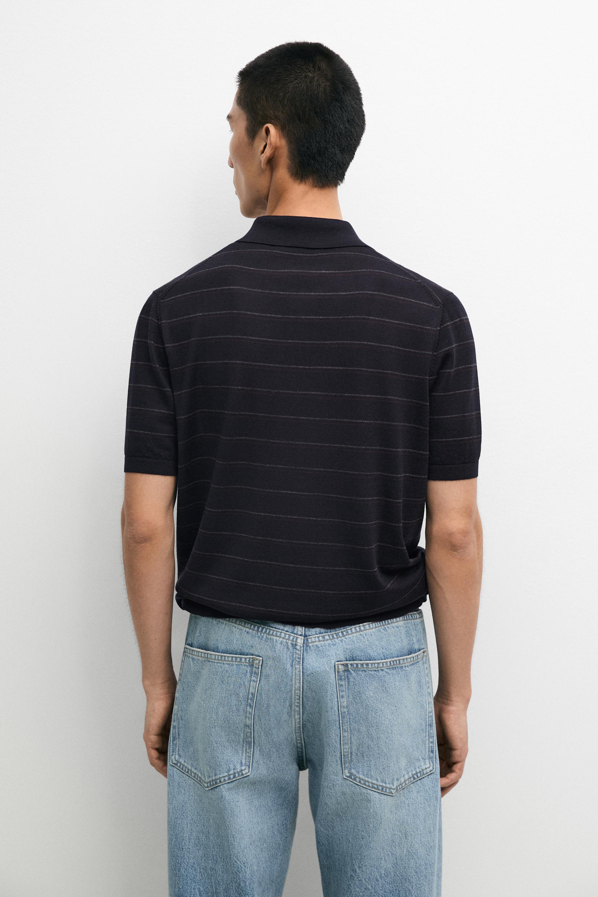 Striped short sleeve knit polo sweater — NAVY BLUE