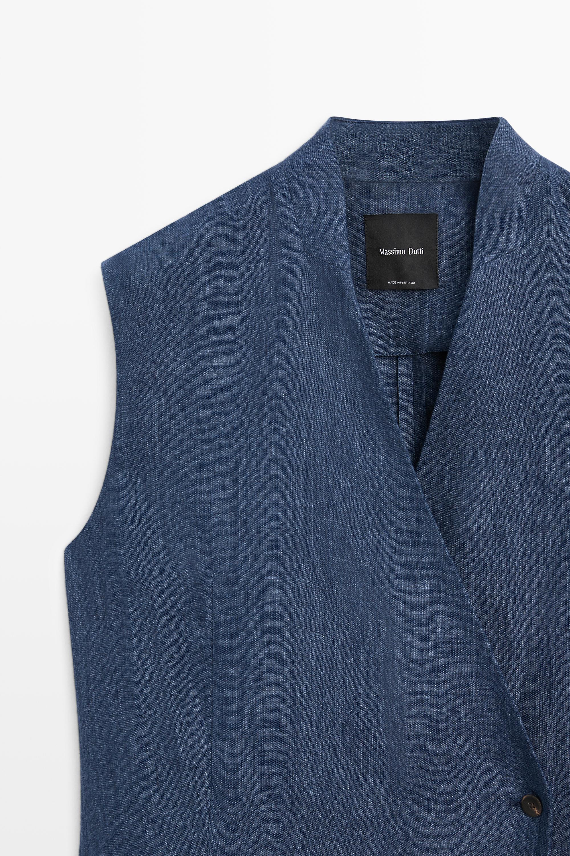 Linen crossover total look vest — NAVY BLUE