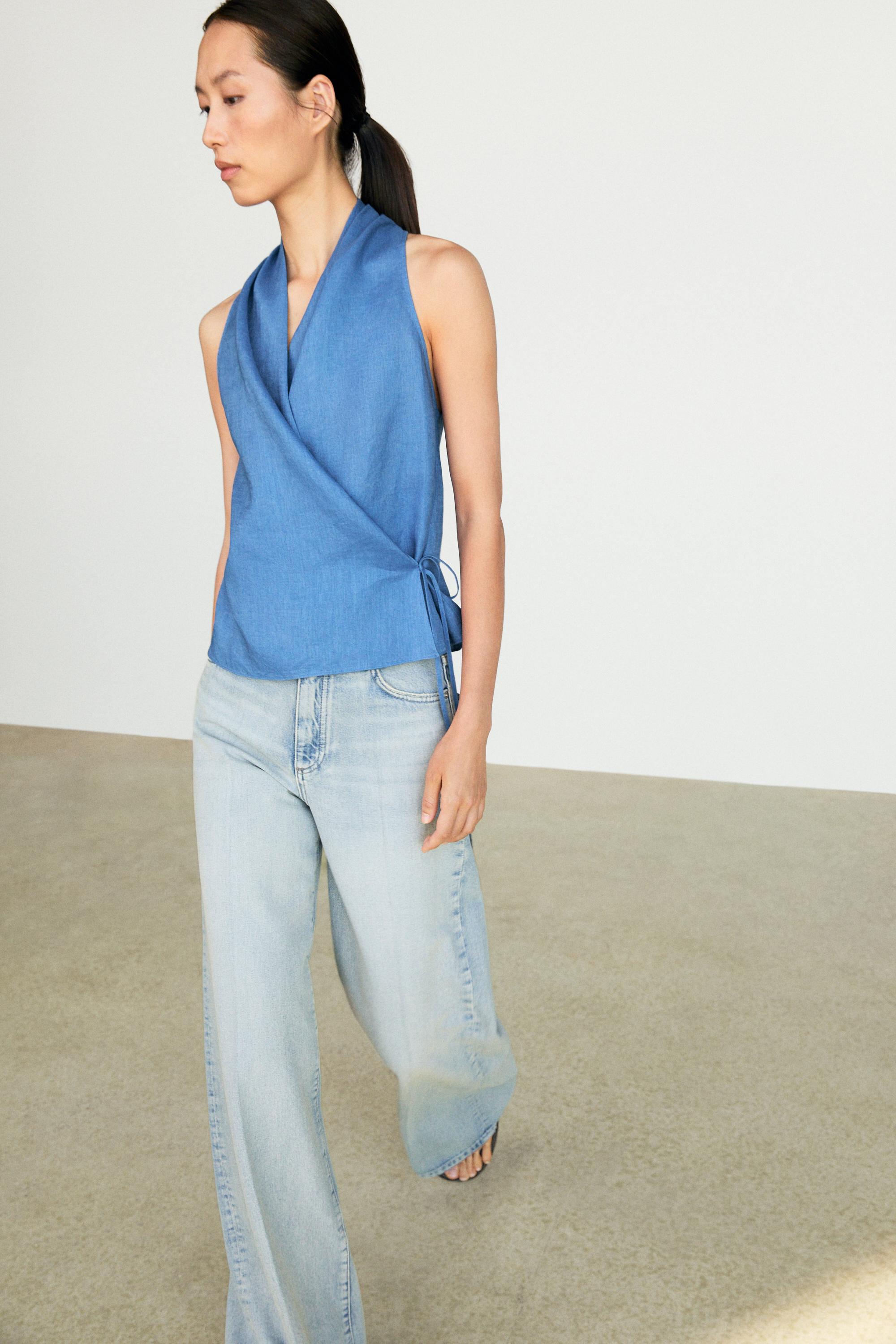 100% linen crossover halter top — Dark Blue