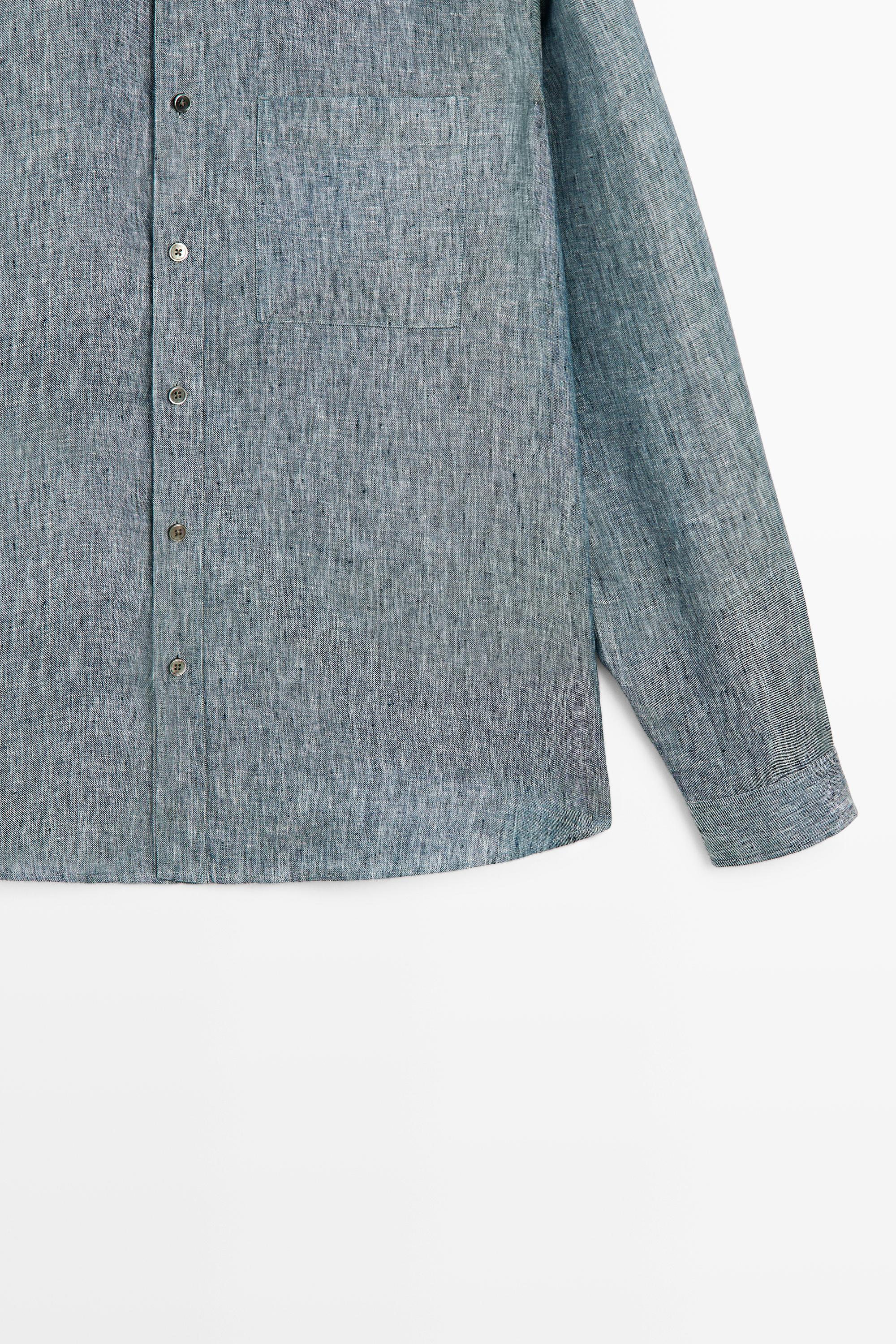 Regular fit melange twill 100% linen shirt — NAVY BLUE