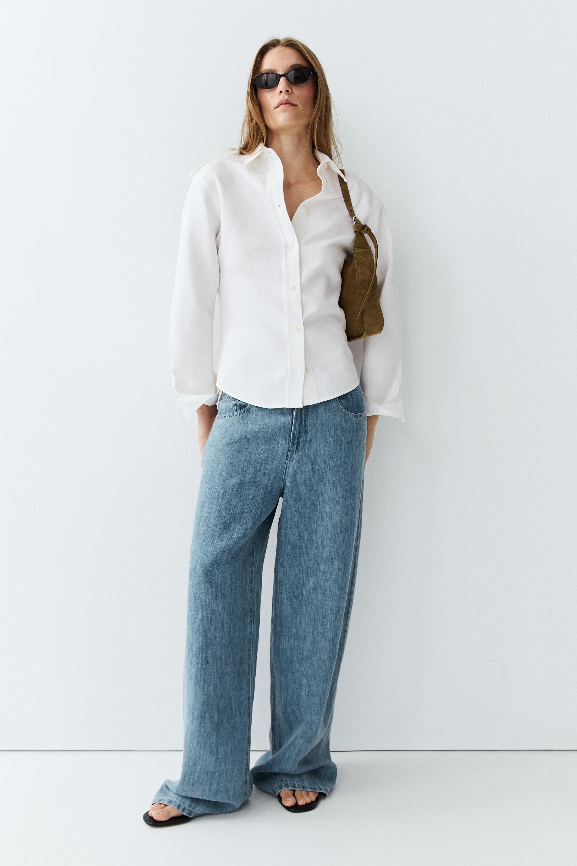 Cotton and linen blend shirt with shoulder detail — Off white