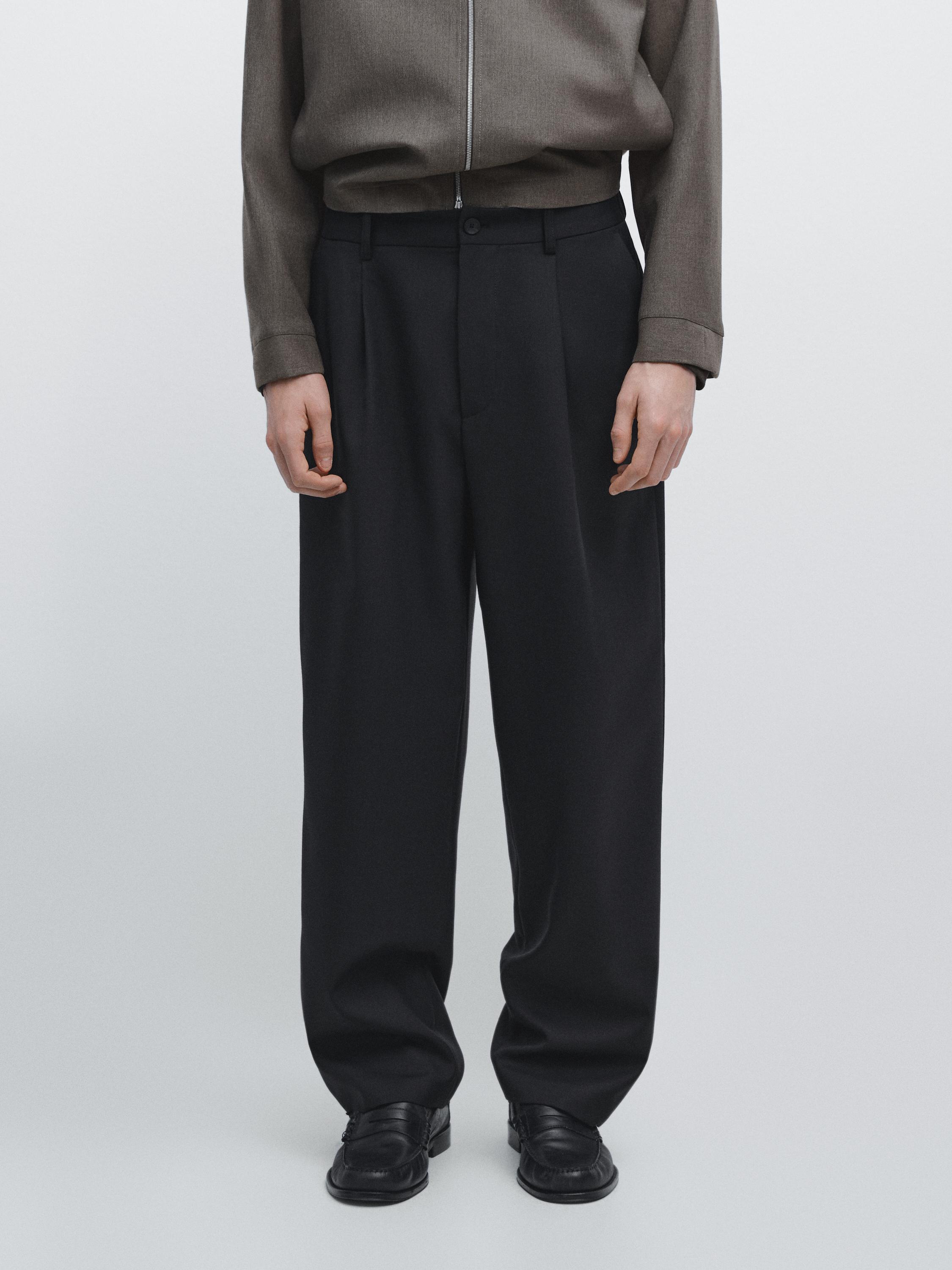 Relaxed fit wool blend trousers with darts — NAVY BLUE