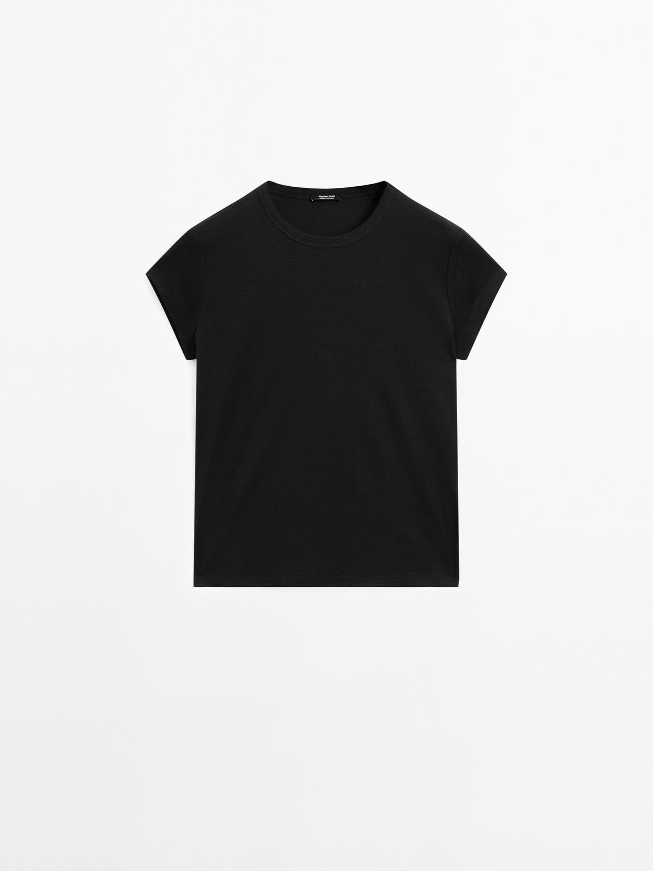 Massimo Dutti - Dame - Kortærmet T-Shirt I 100% Merceriseret Bomuld - Sort - Xl