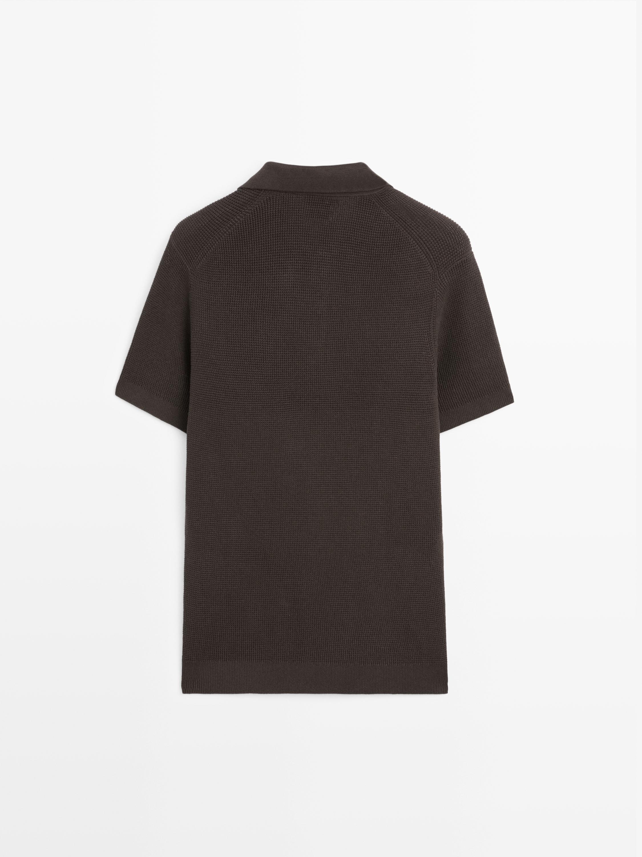 Textured cotton knit polo shirt — BROWN MARL