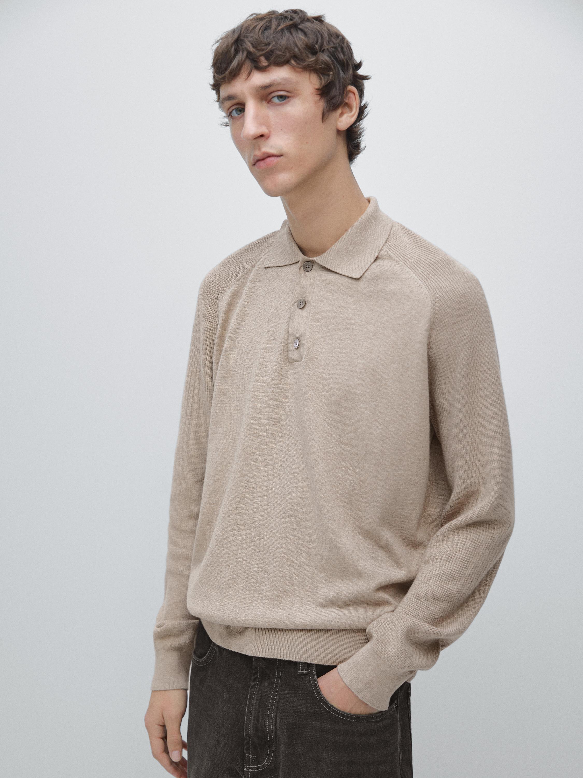Cotton blend knit polo sweater — MINK