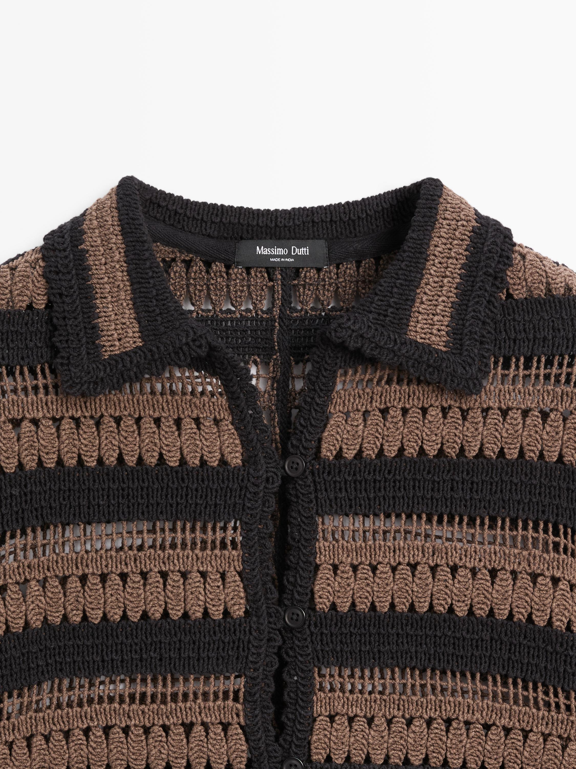 Short striped crochet knit cardigan — BROWN