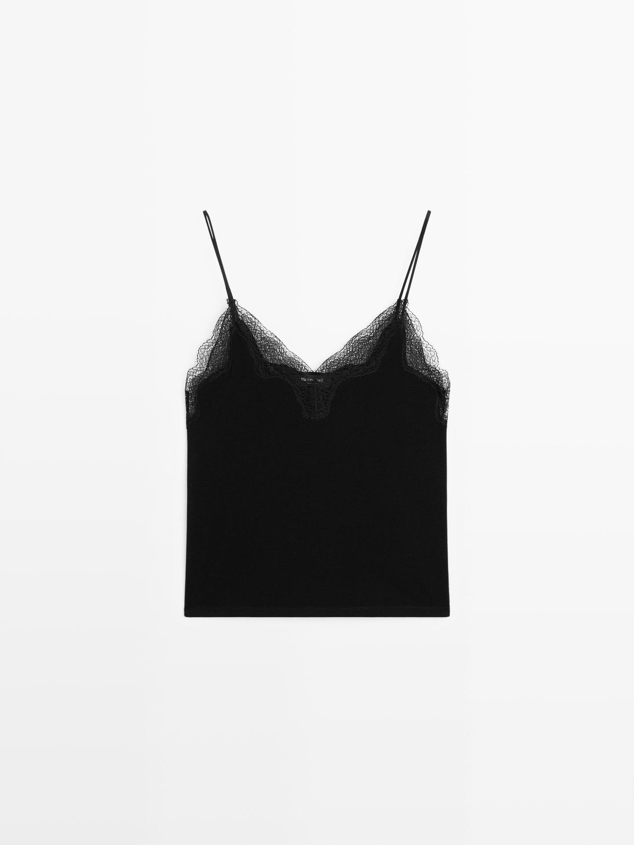 Massimo Dutti - Dames - Lingerietopje Met Kant - Zwart - M