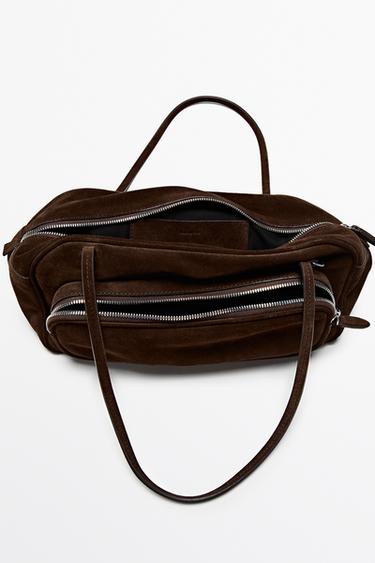 Medium split suede leather bowling bag — MINK 4