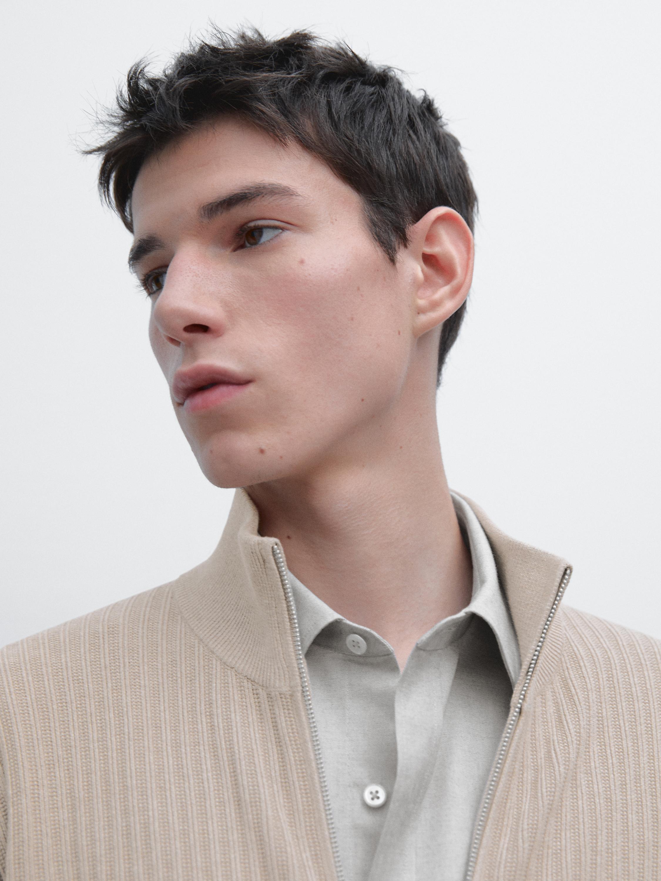 Cotton zip-up knit cardigan — MINK