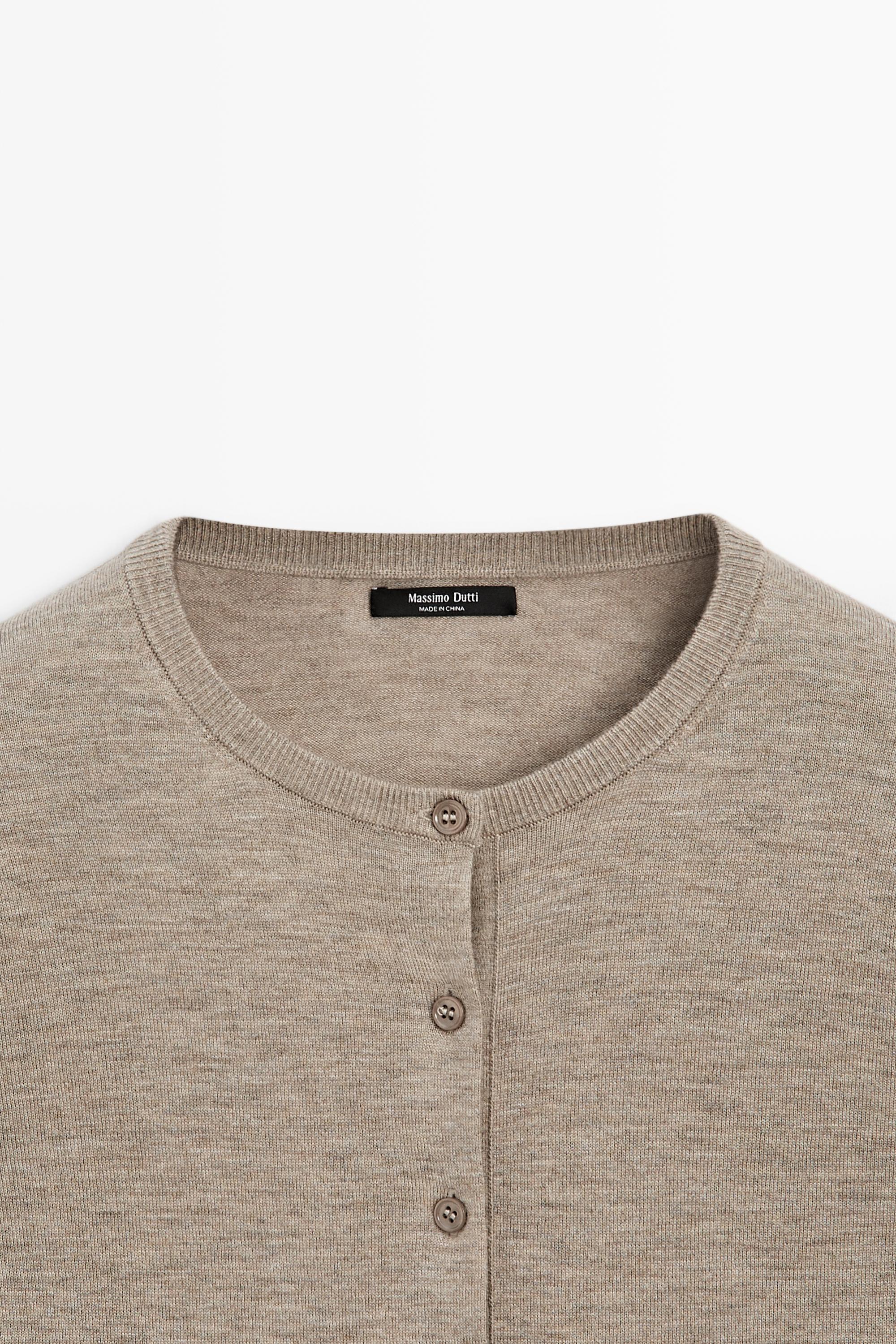 Fine-knit round neck cardigan — BEIGE MARL