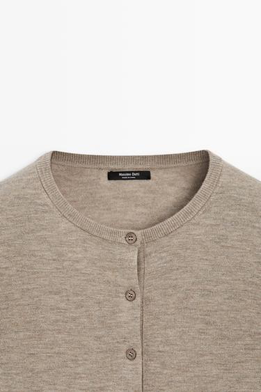 Fine-knit round neck cardigan — BEIGE MARL 9