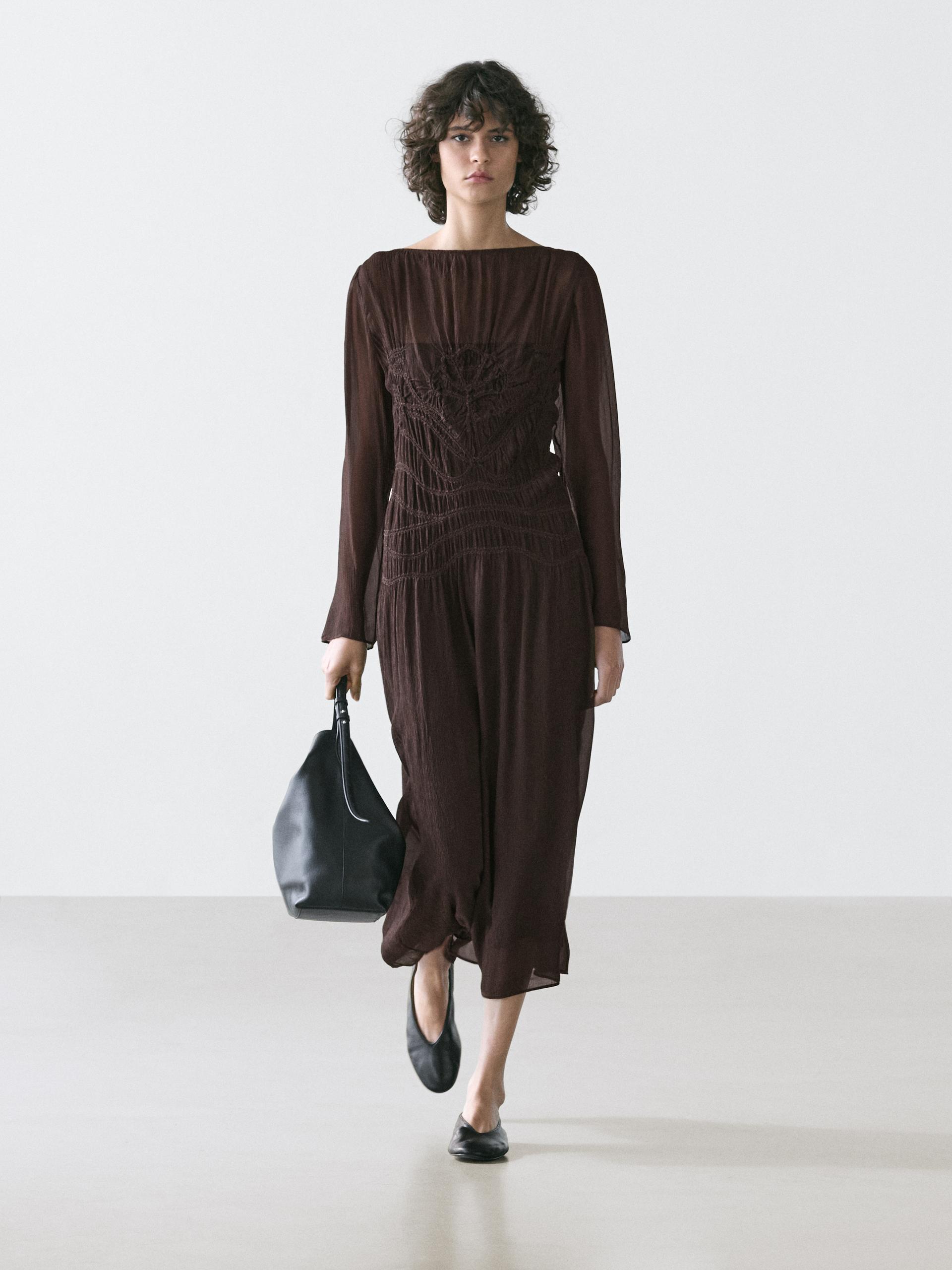 Vestido Midi Fluido Detalle Frunces - Marrón - L - Massimo Dutti - Mujer