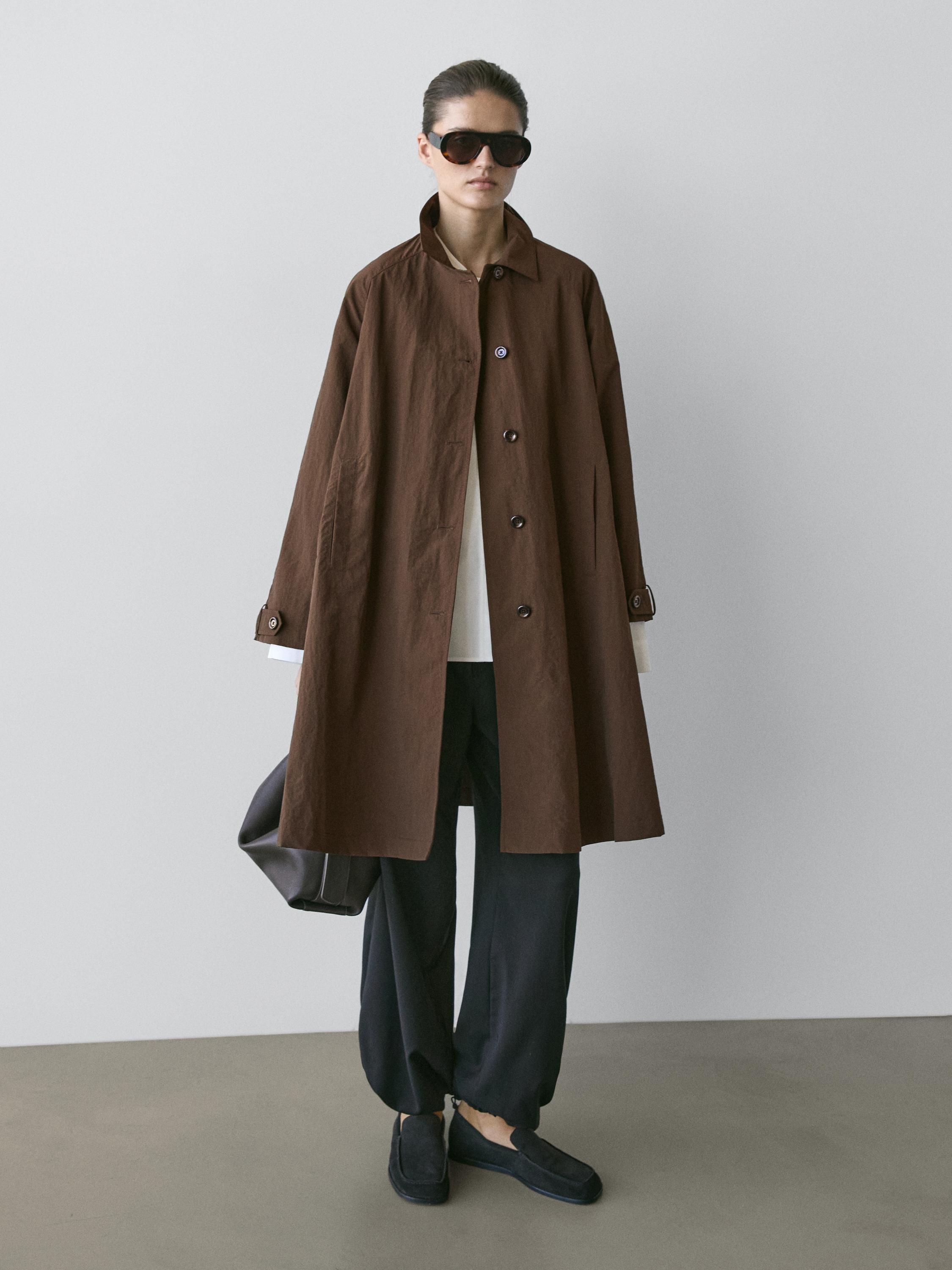 Oversize cape trench with neck detail — BROWN