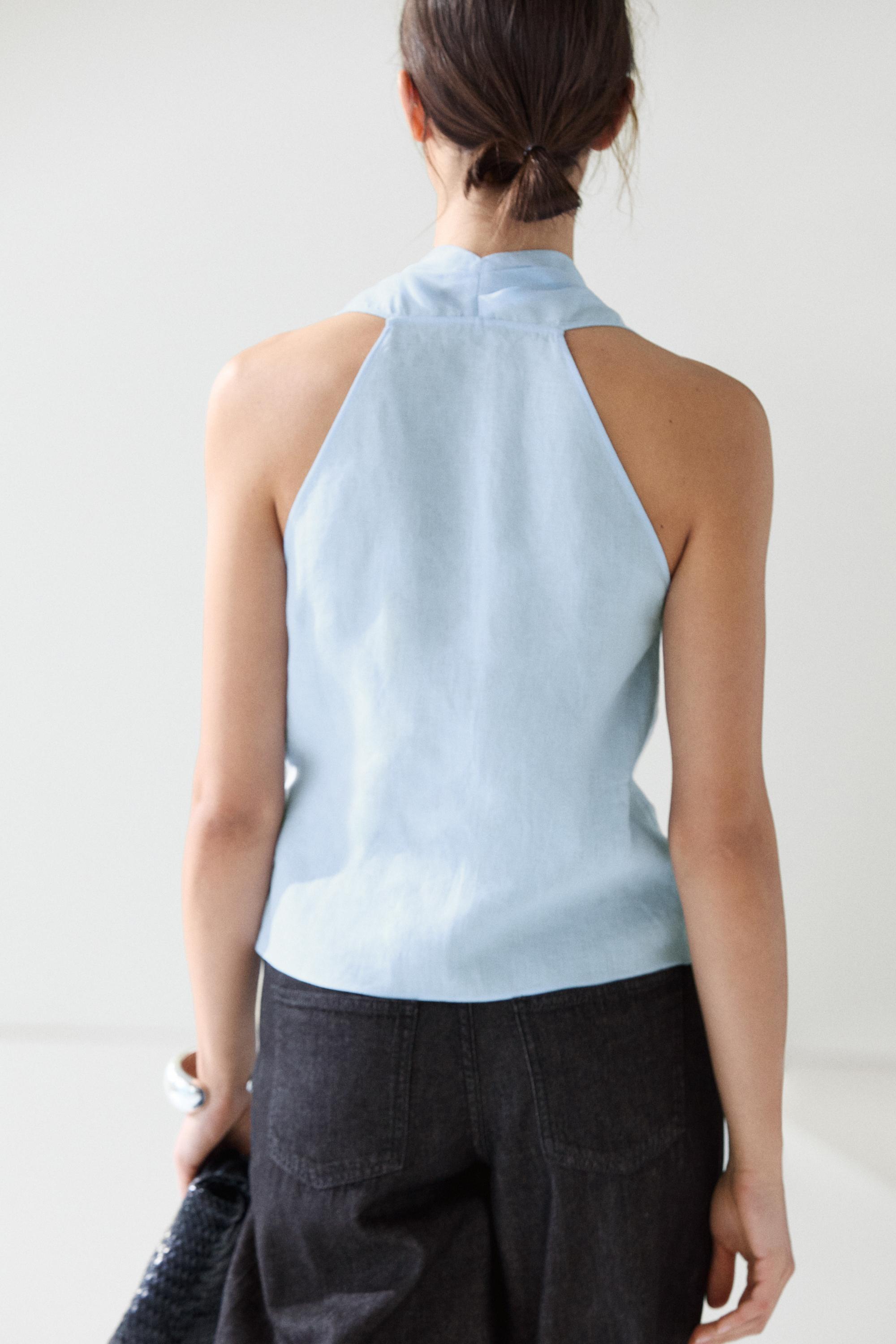 100% linen halter top with tie detail — SKY BLUE