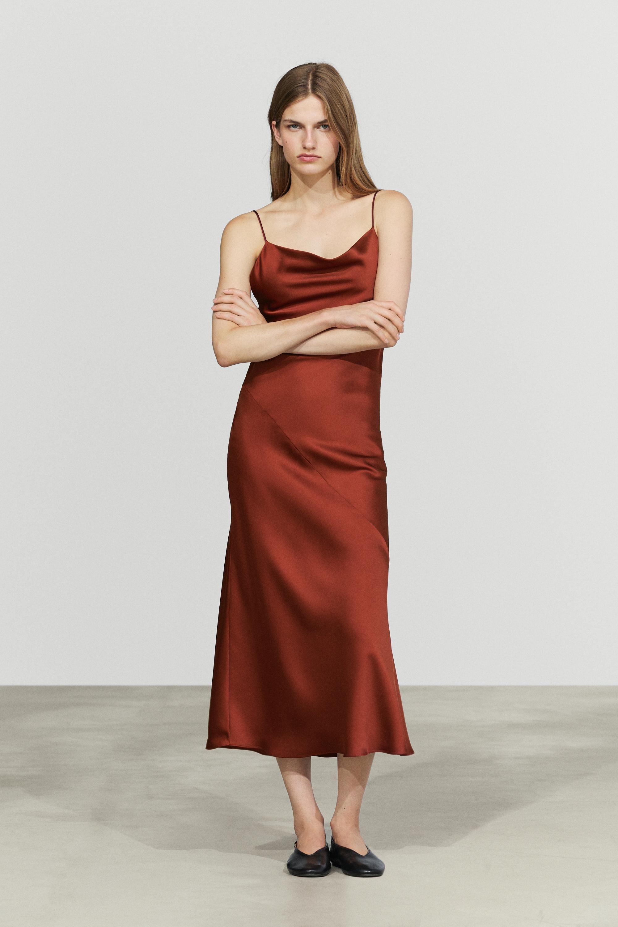 Flowing satin finish midi dress — BURNT ORANGE