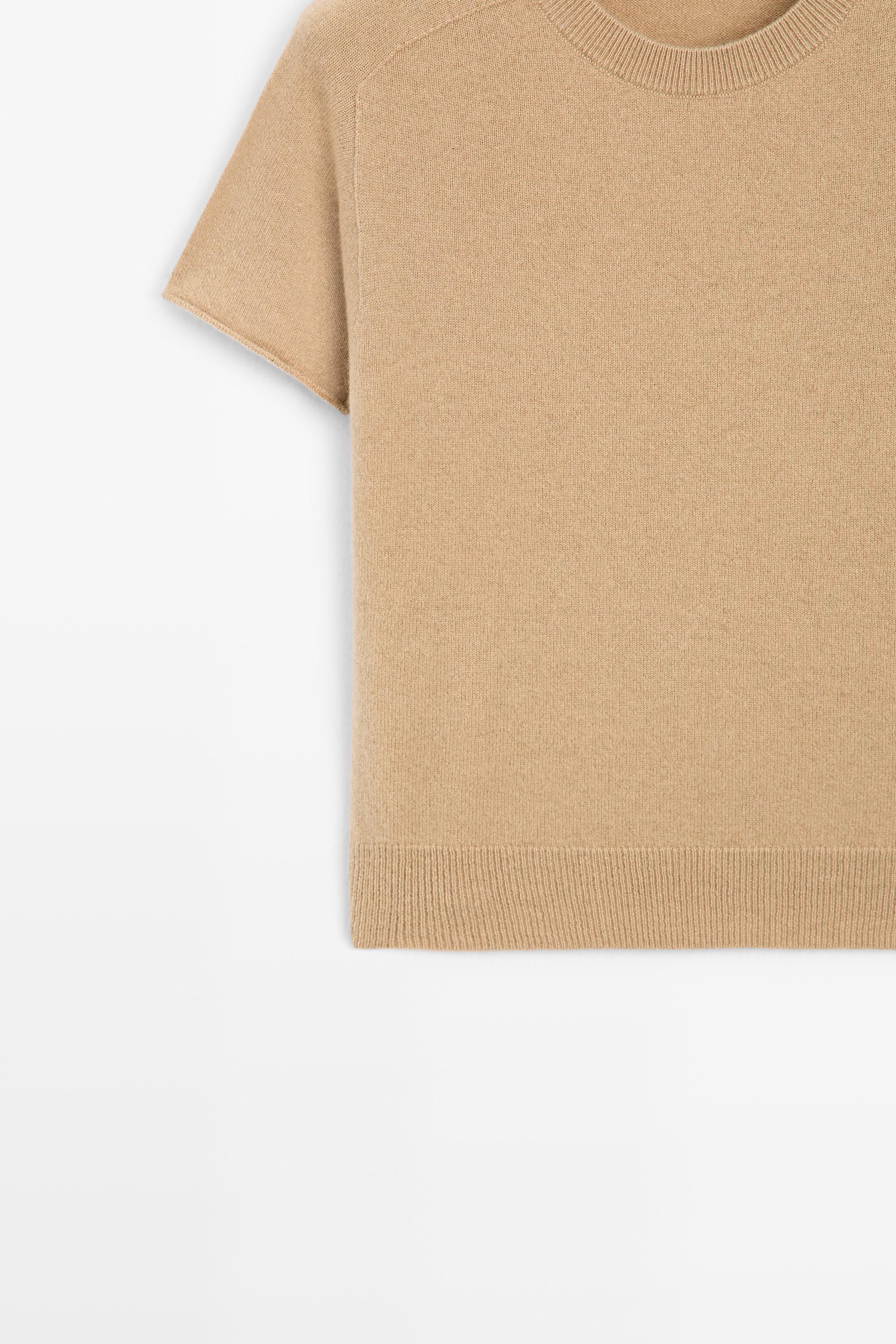 100% cashmere short sleeve knit sweater — CAMEL