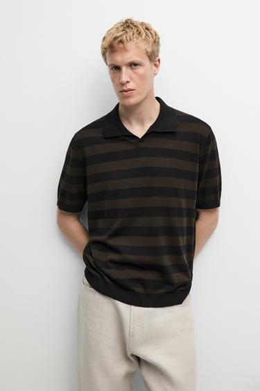 100% cotton striped knit polo shirt — BROWN MARL 3