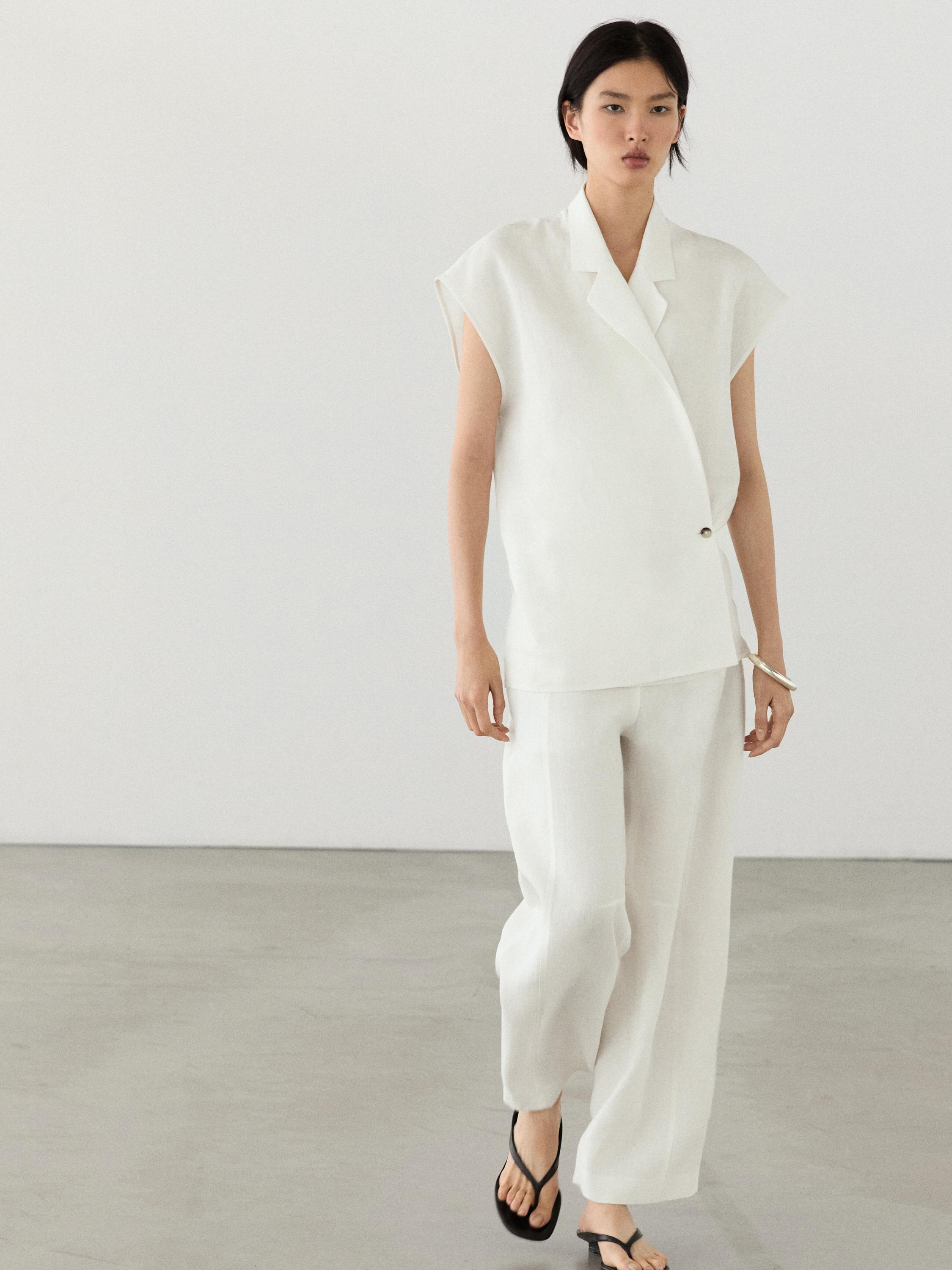 Linen double-breasted lapel vest — Off white