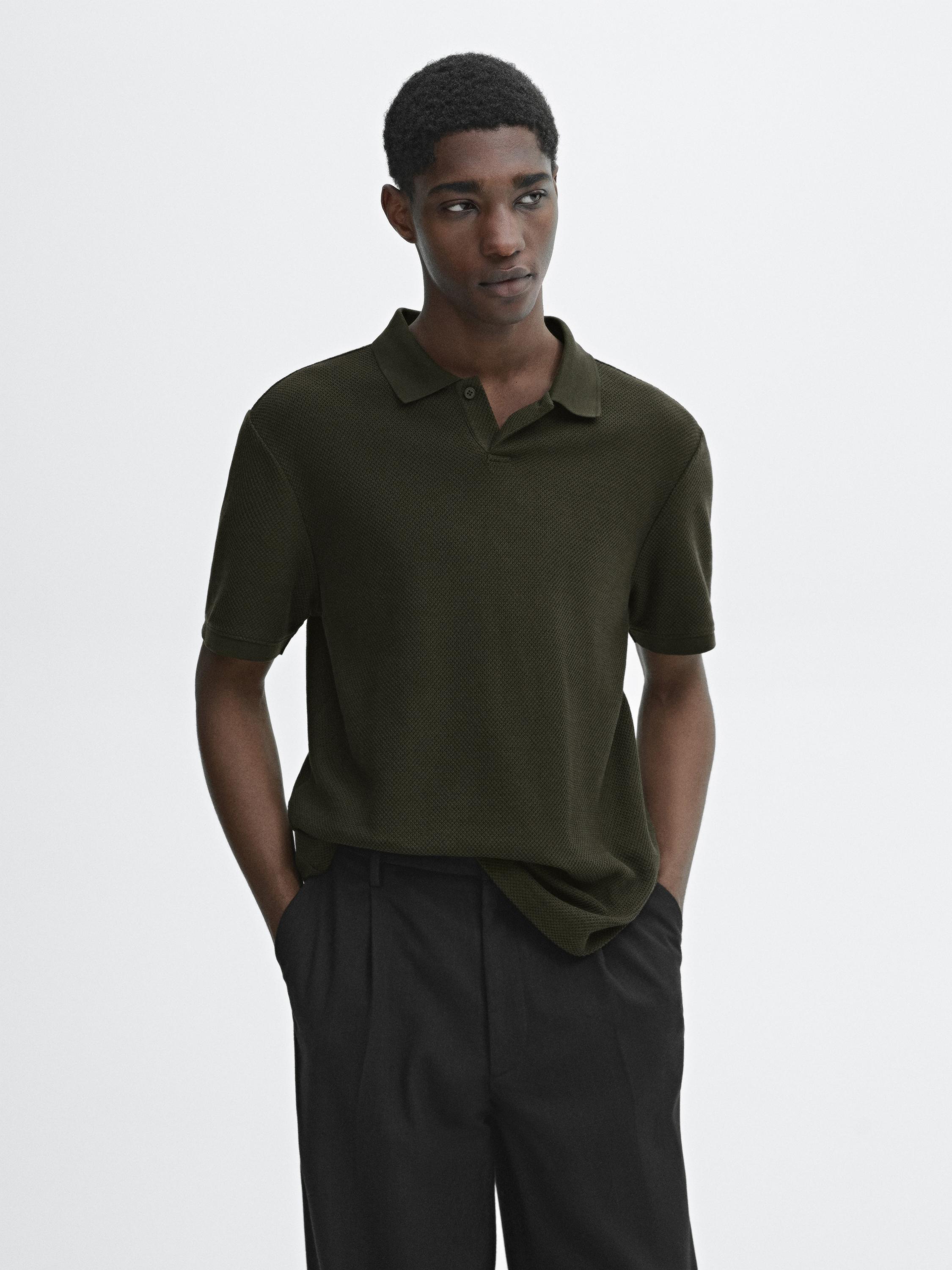 Textured V-neck cotton polo shirt