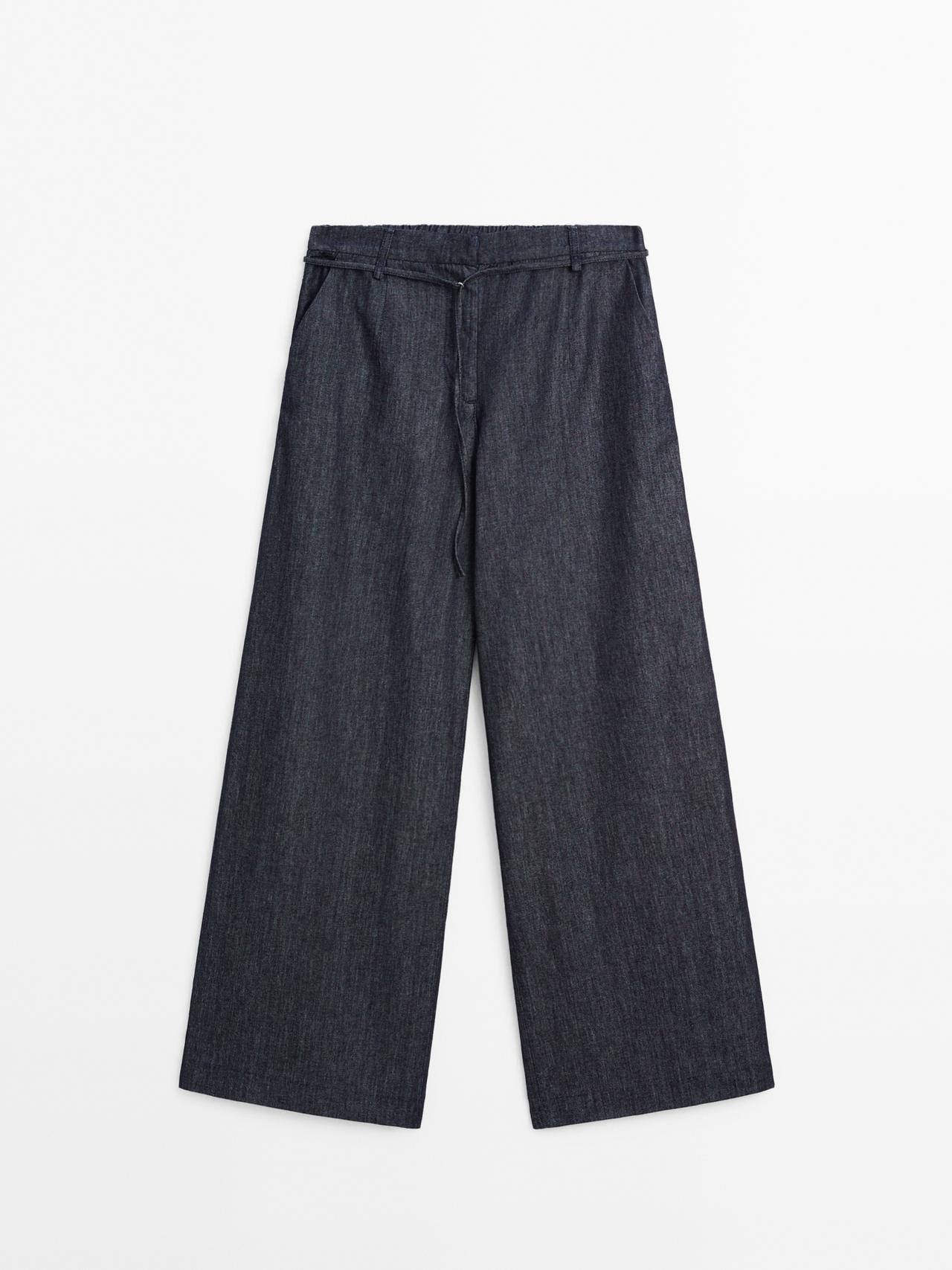 Massimo Dutti - Dame - Højtaljede Jeans Med Brede Ben Og Bælte - Mørkeblå - 34