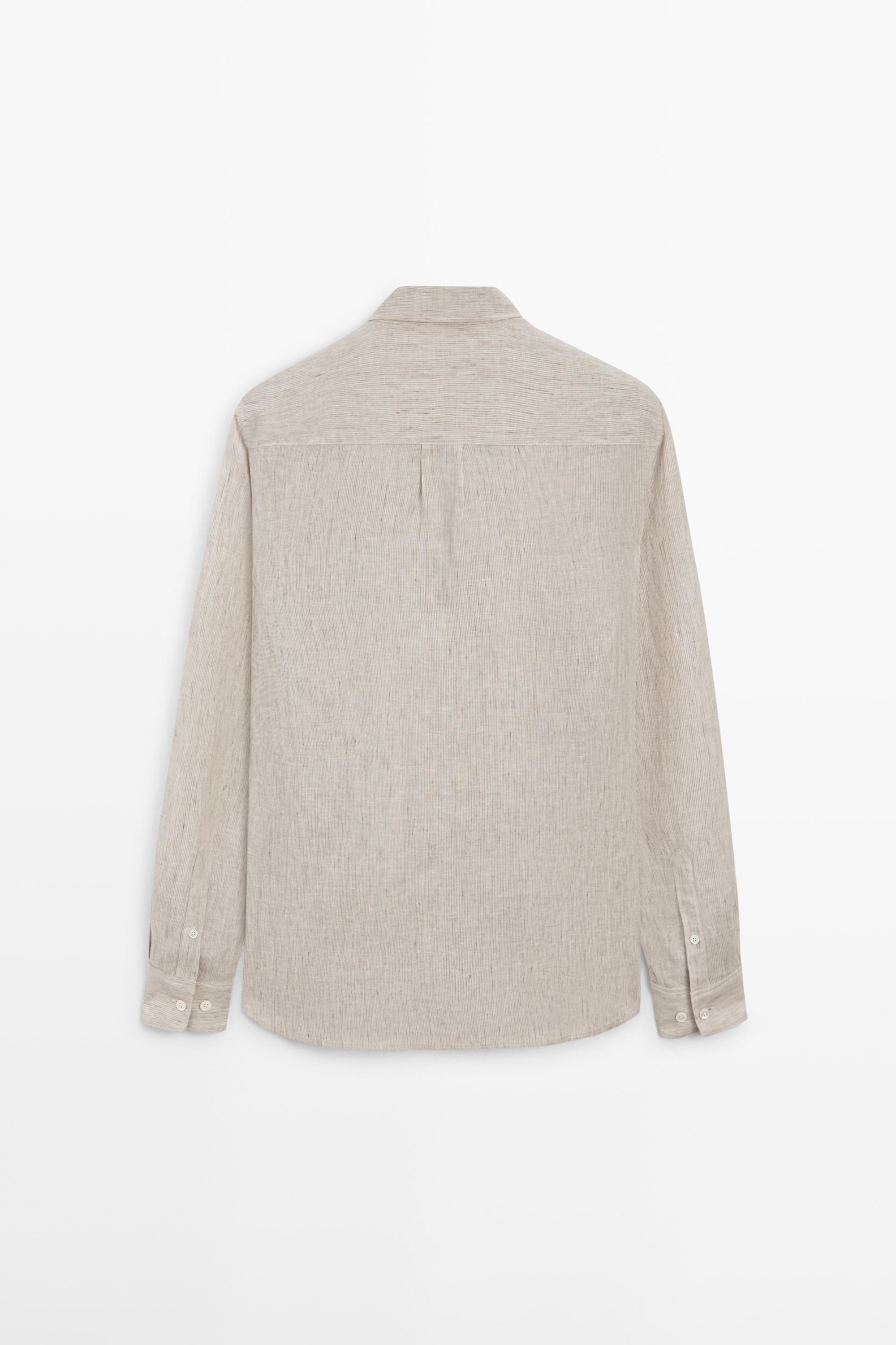 Regular fit washed striped 100% linen shirt — GREEN