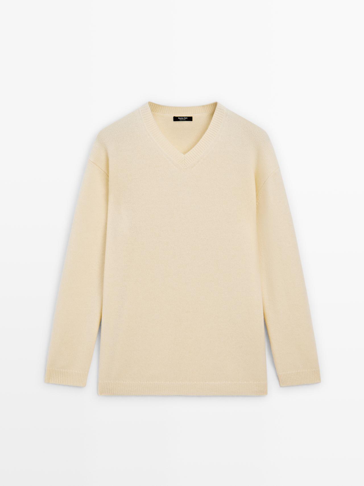 Massimo Dutti - Dame - Oversize Sweater I Strik Med V-Udskæring - Vanilje - L