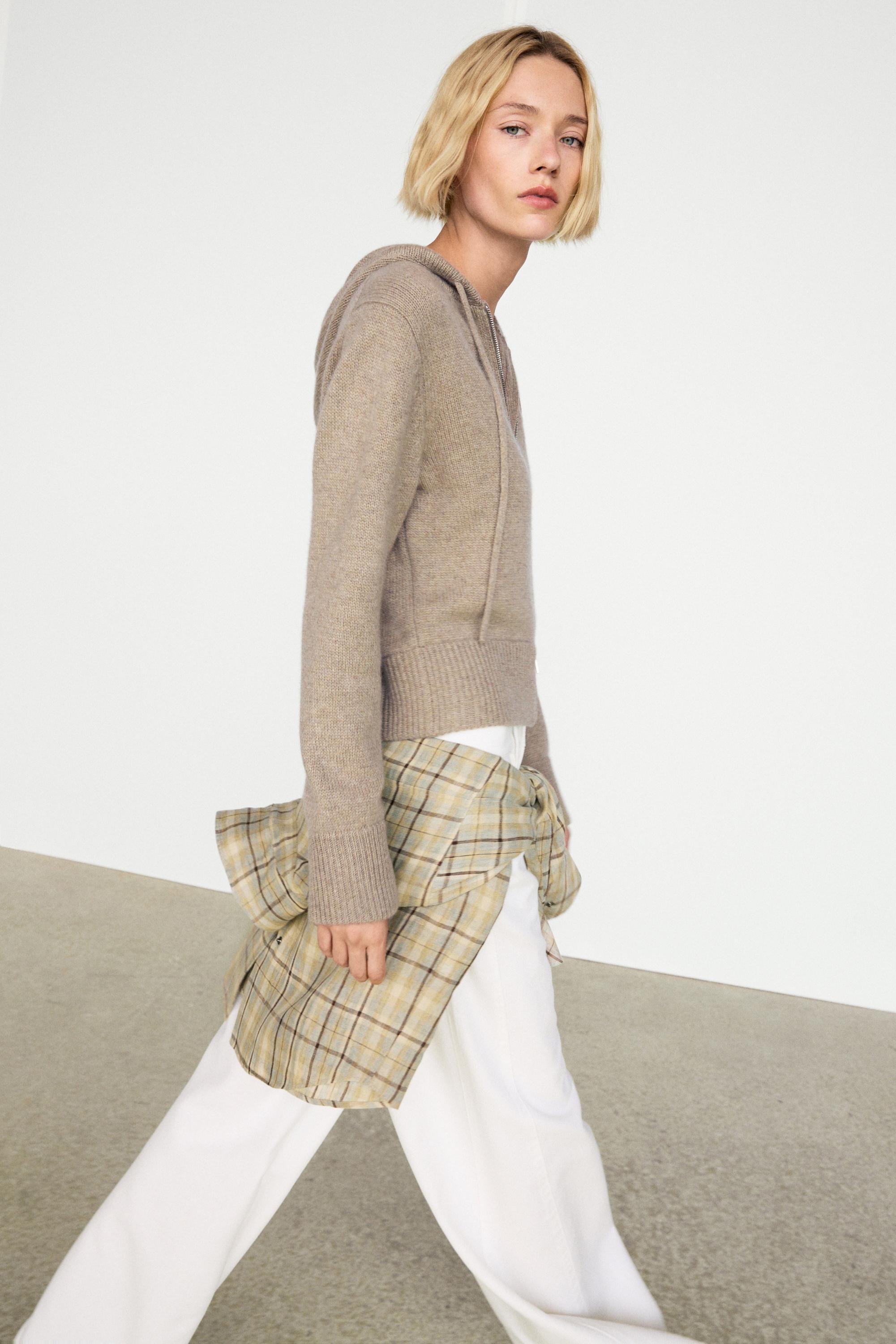 100% cashmere hooded zip-up cardigan — BEIGE