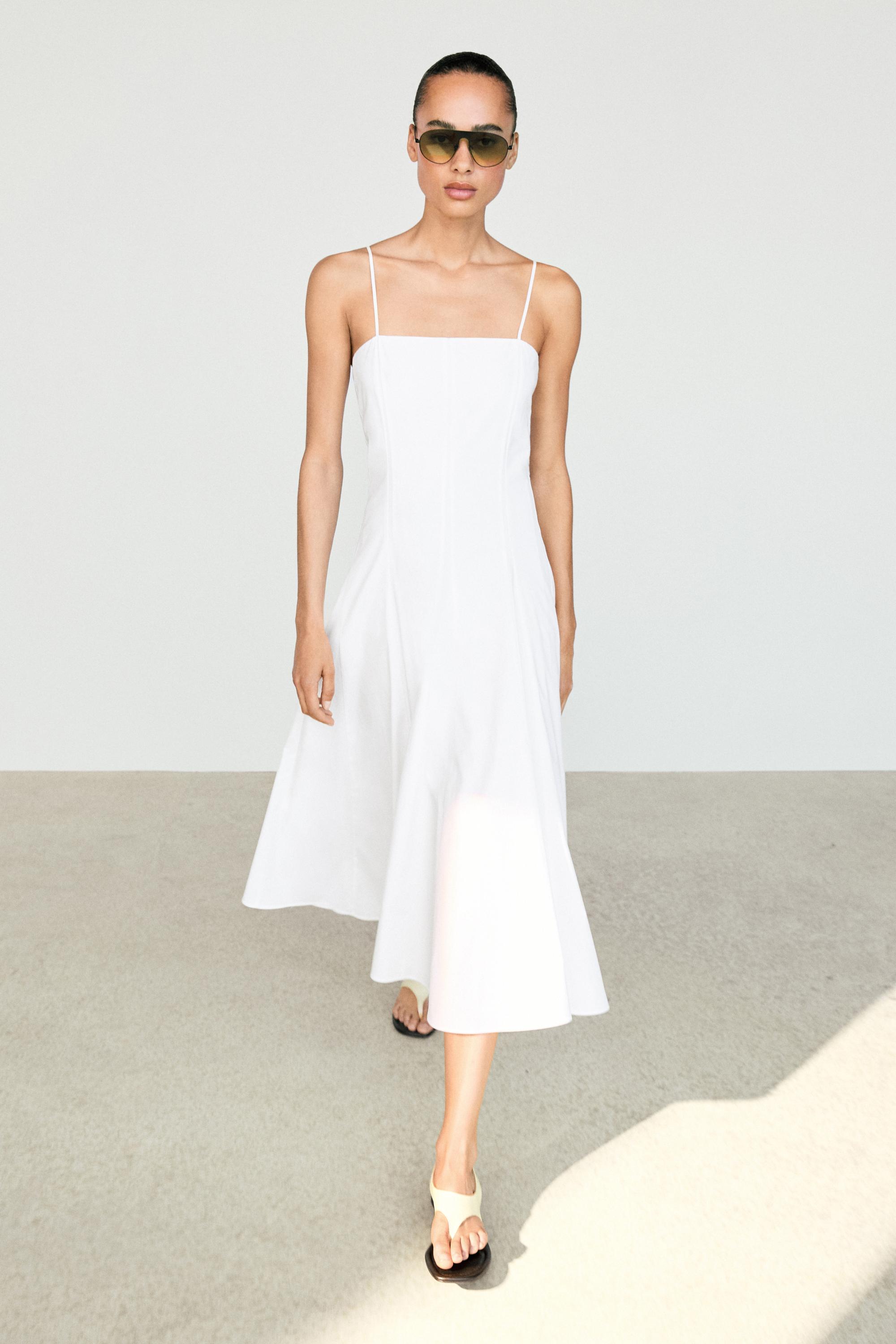 100% linen midi dress with straight neckline — WHITE