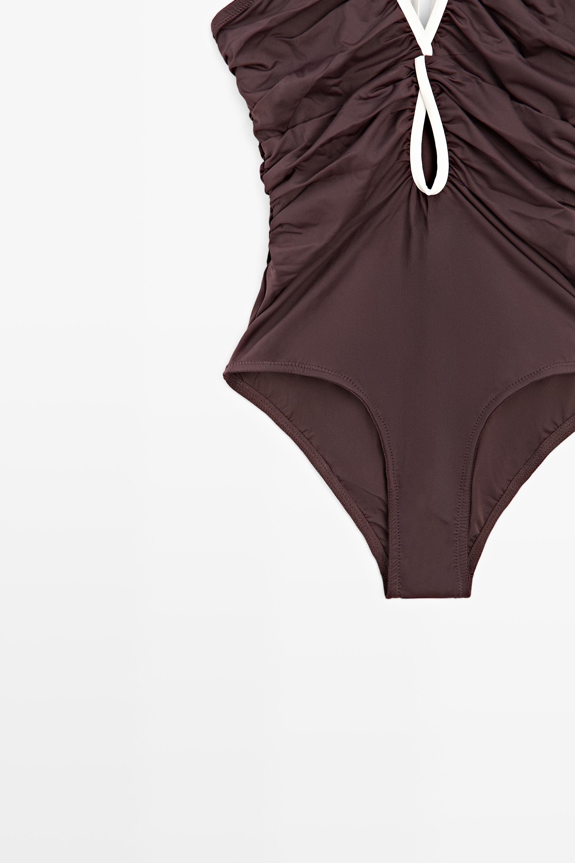 Swimsuit with contrast gathered detail — BROWN