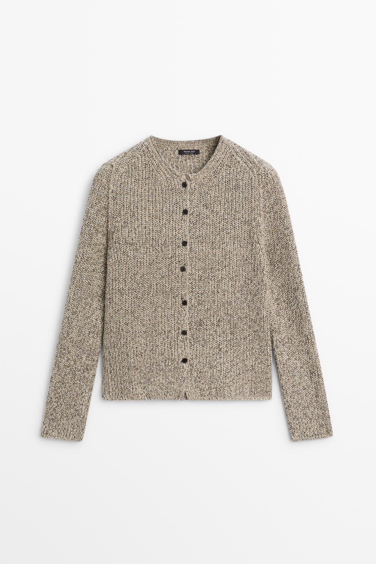 Heather knit round neck cardigan — GREY