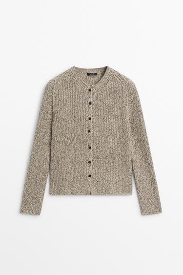 Heather knit round neck cardigan — GREY 1