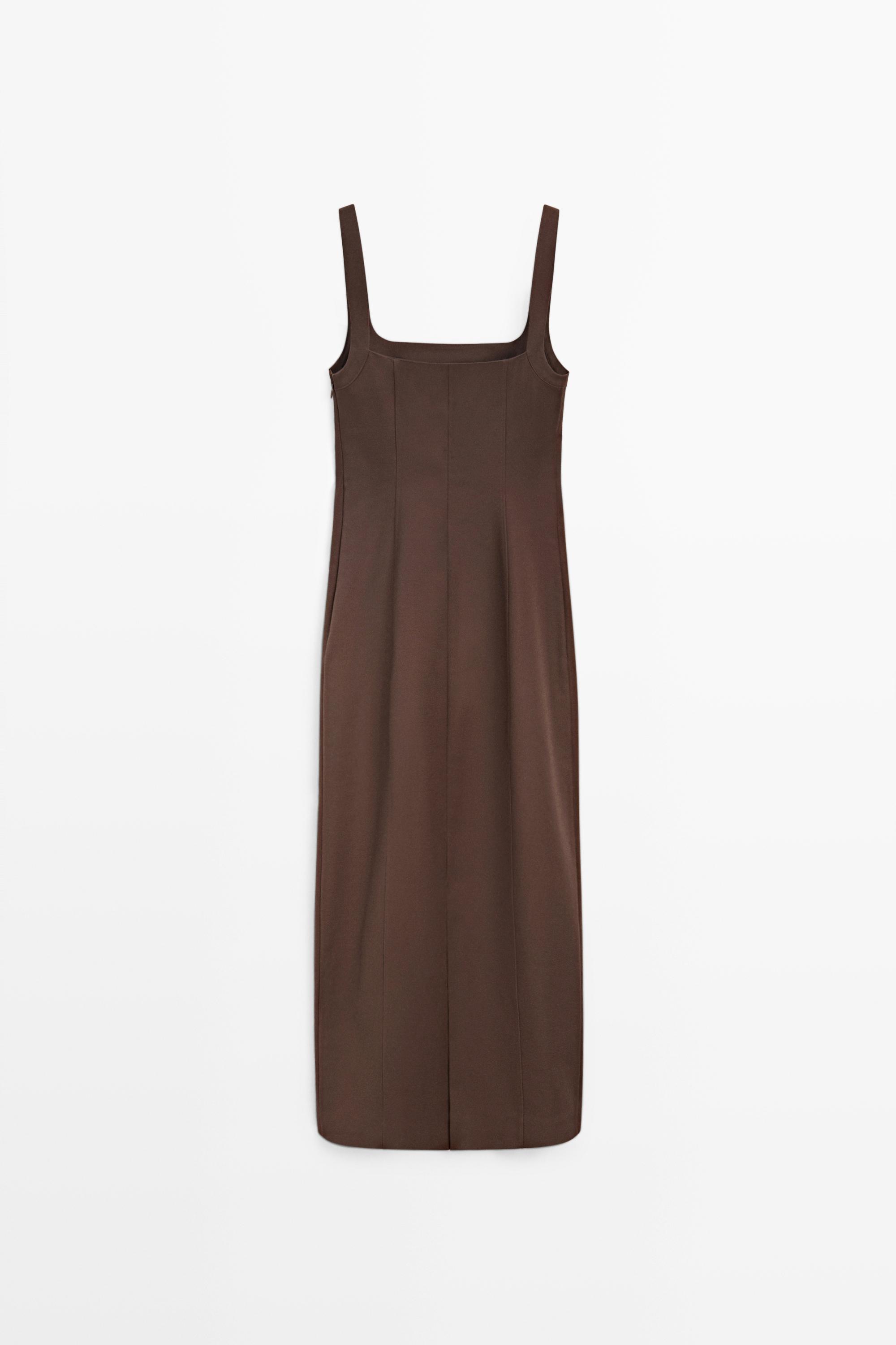 Cotton blend strappy midi dress — BROWN