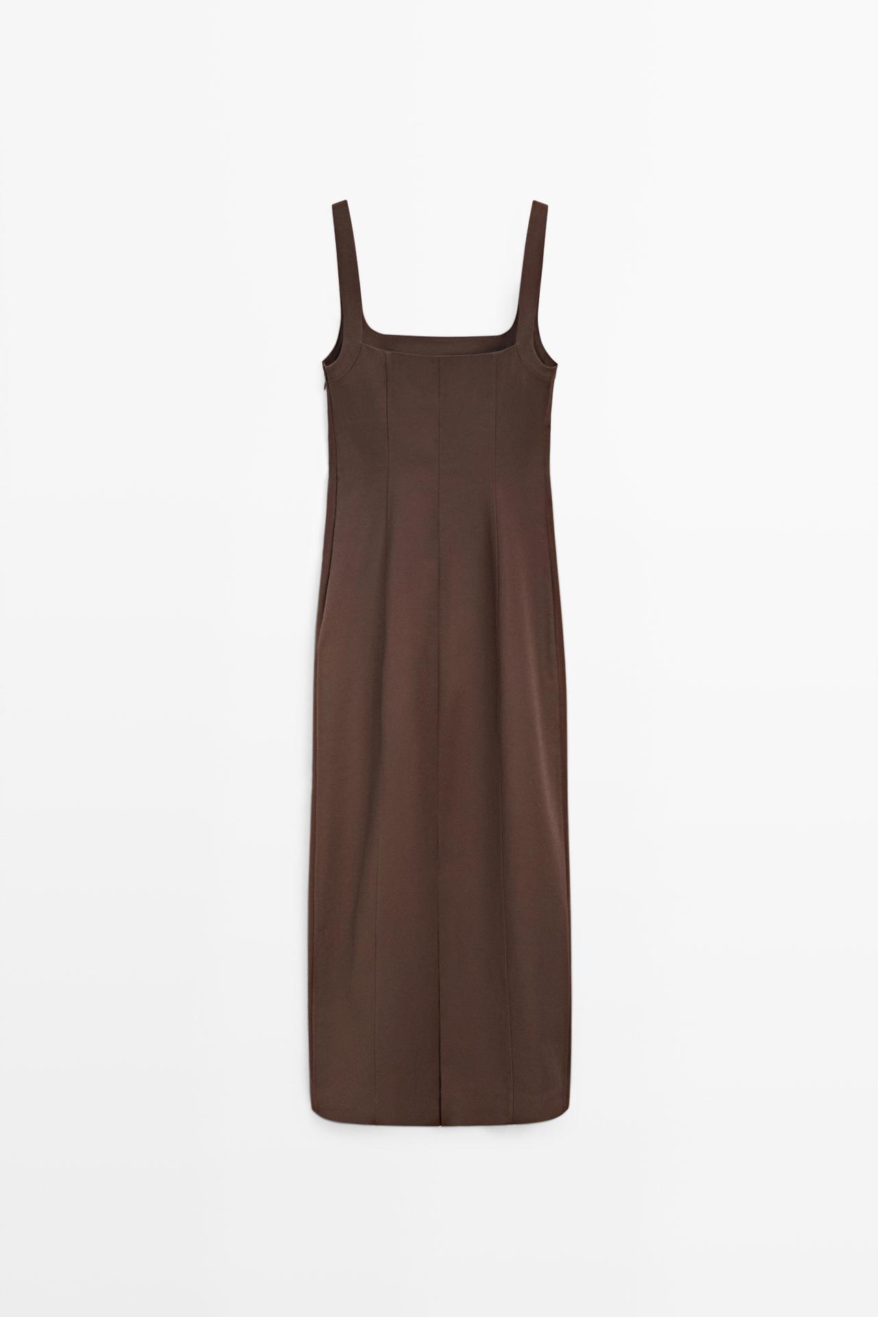 Cotton blend strappy midi dress — BROWN