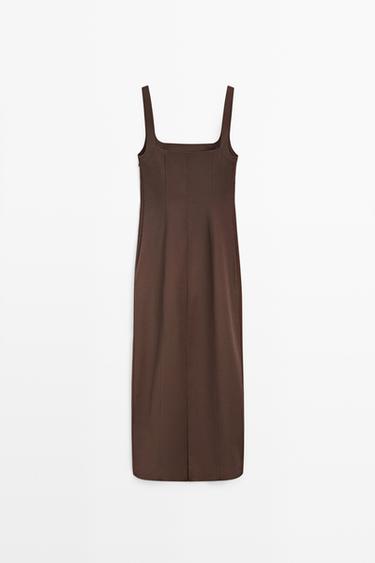 Cotton blend strappy midi dress — BROWN 6