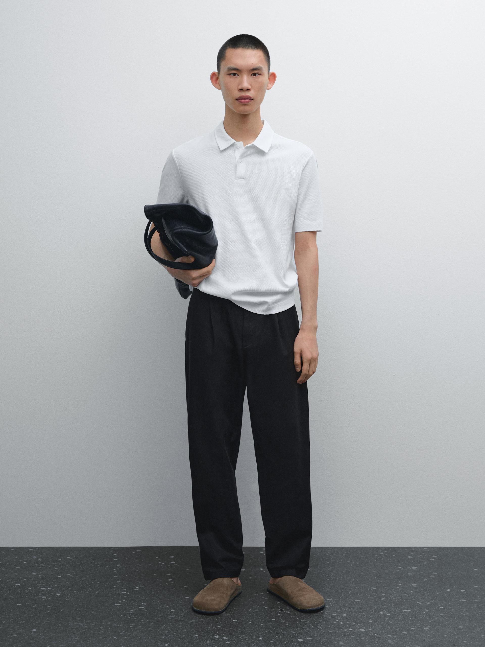 Polo En Maille Texturée 100 % Coton - Blanc - S - Massimo Dutti - Homme