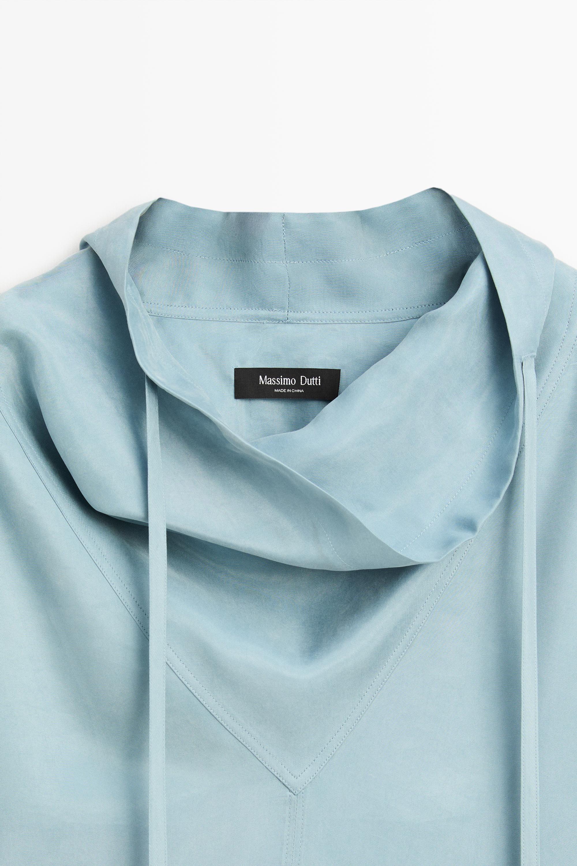 Flowing shirt with high collar and drawstring detail — GREY BLUE