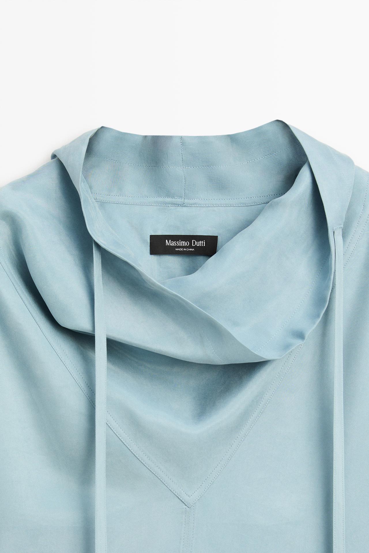 Flowy blouse with stand collar and drawstrings — GREY BLUE