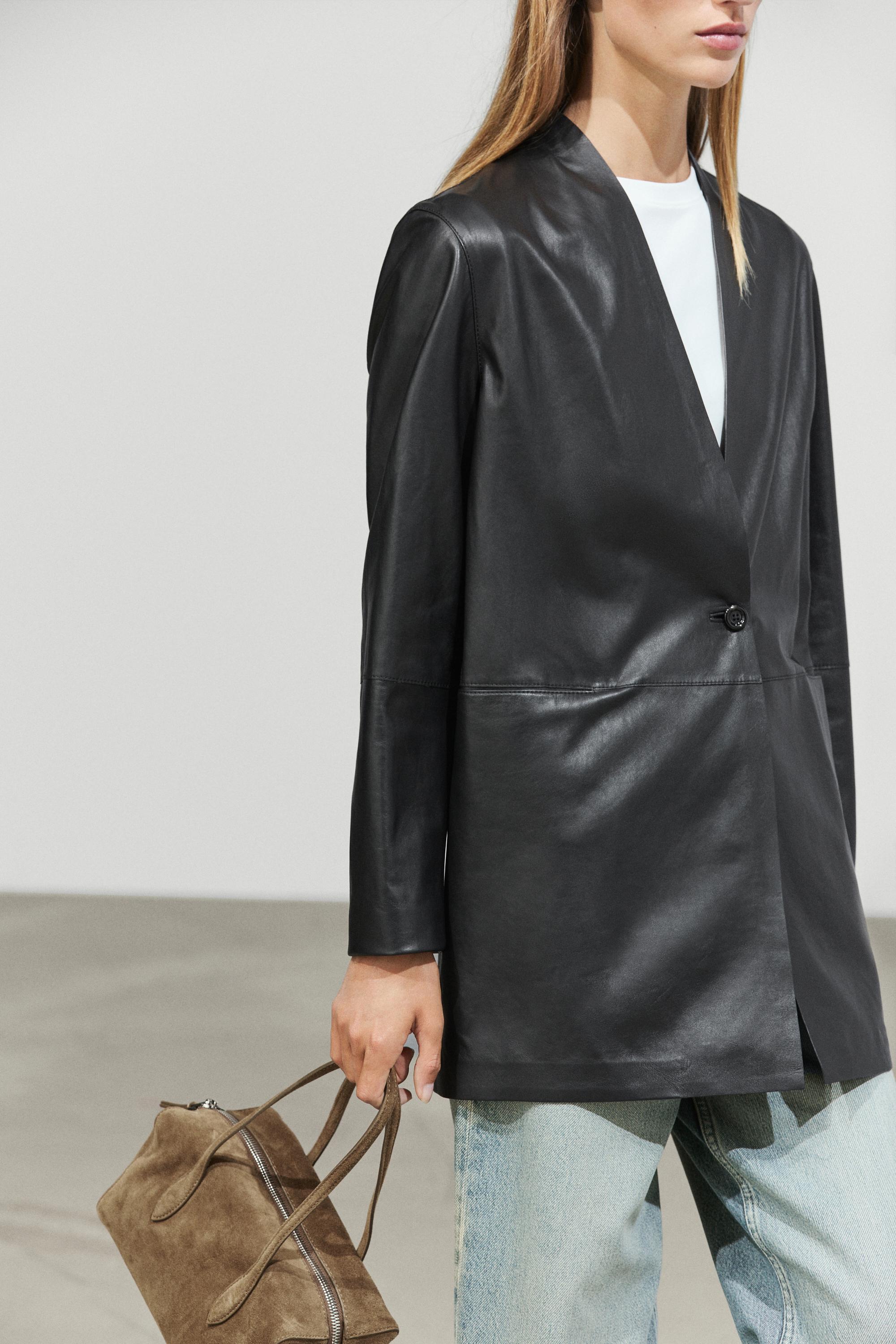 Single-button 100% nappa leather blazer — BLACK