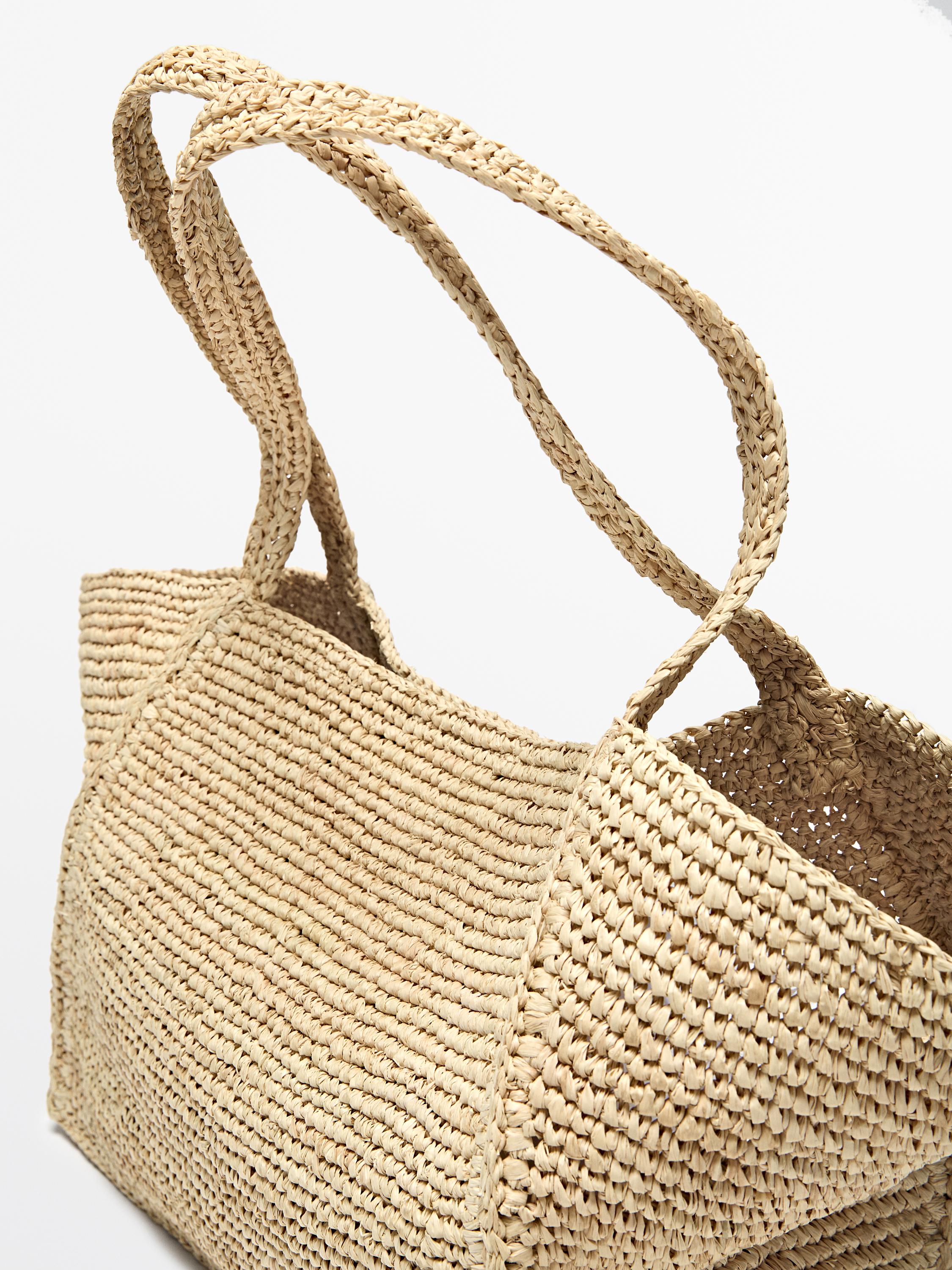 100% raffia mid-sized tote bag — BEIGE