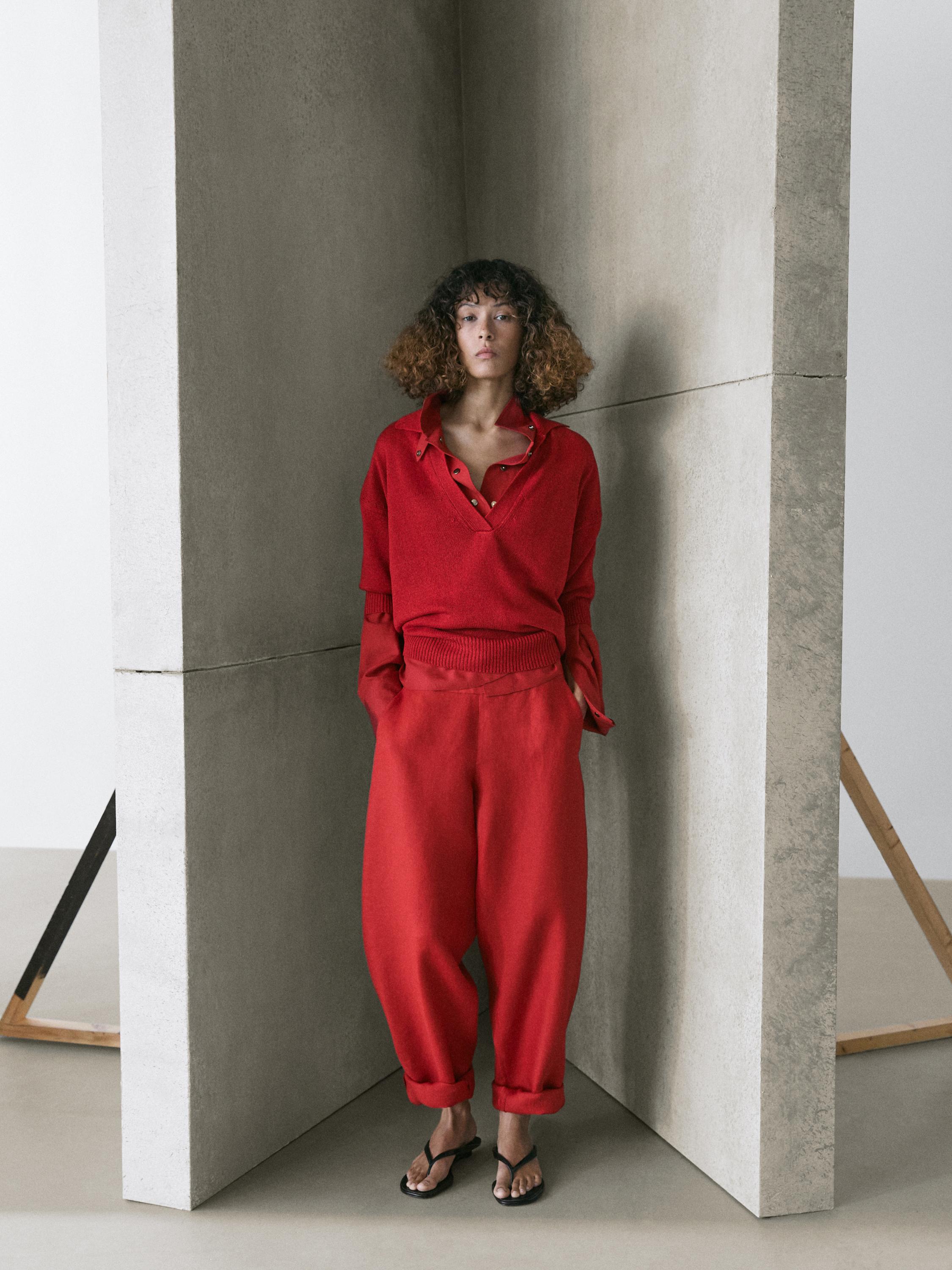 Flowing knit polo sweater — RED