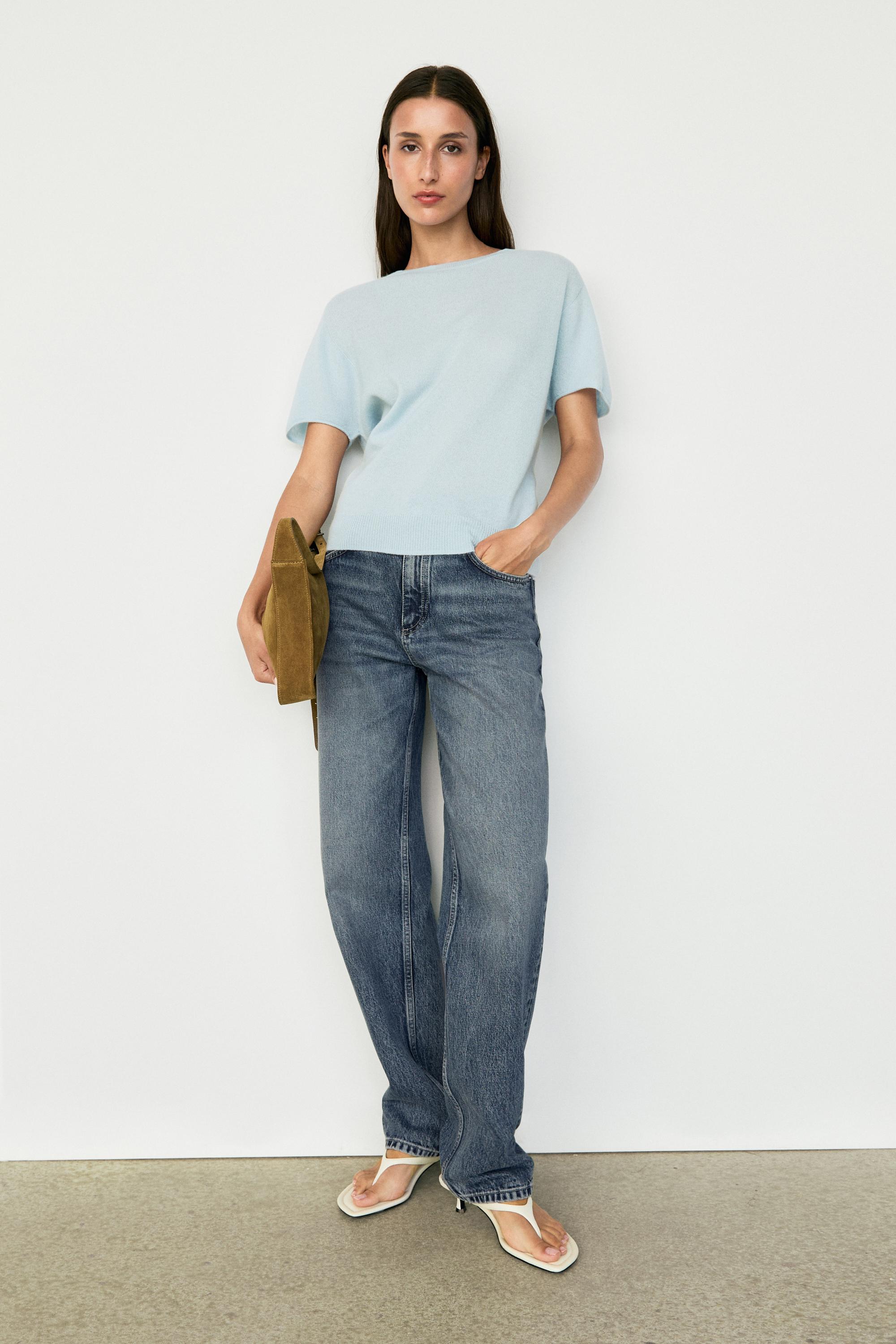 100% cashmere short sleeve knit sweater — SKY BLUE