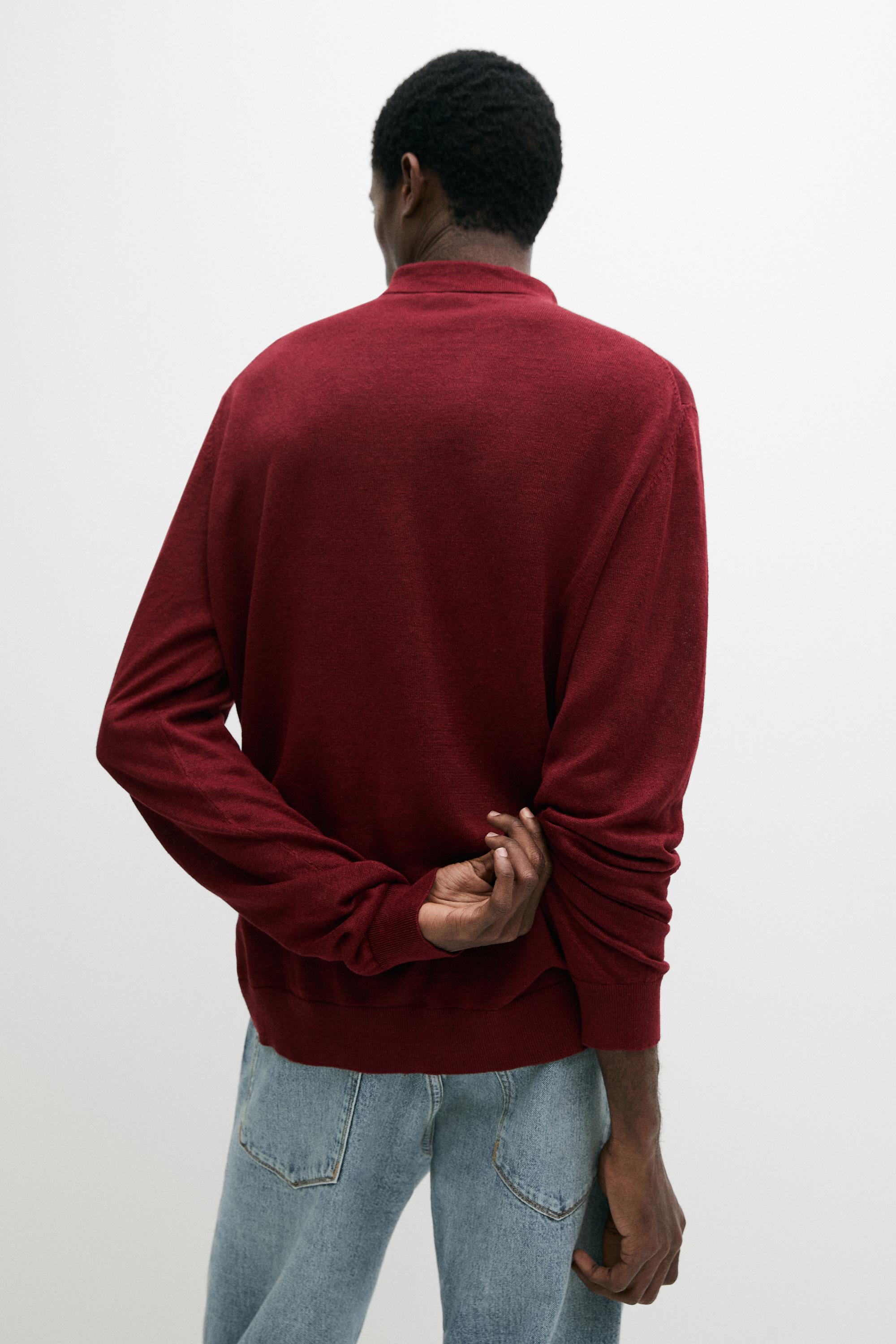 100% linen knit polo collar sweater — Wine Red