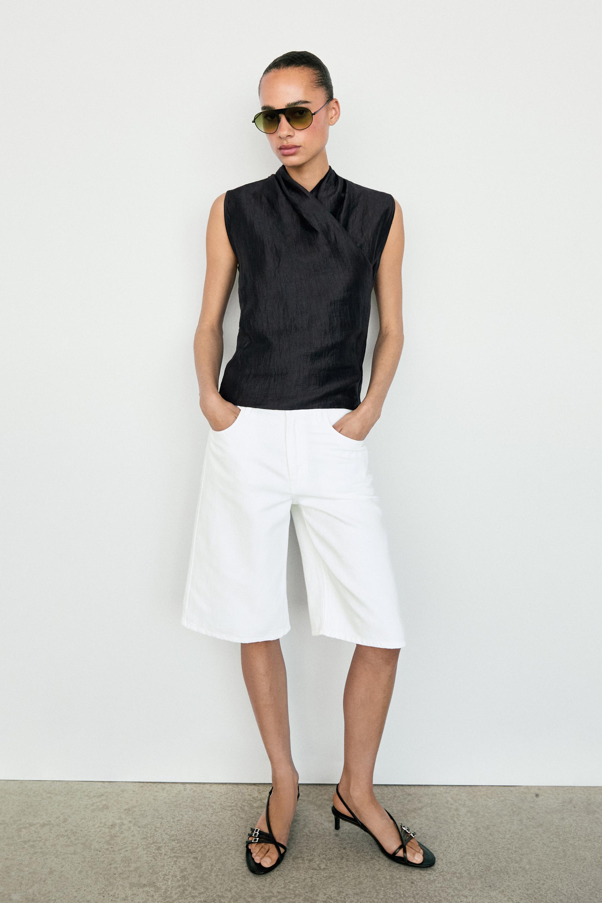 Linen blend sleeveless crossover top — NAVY BLUE