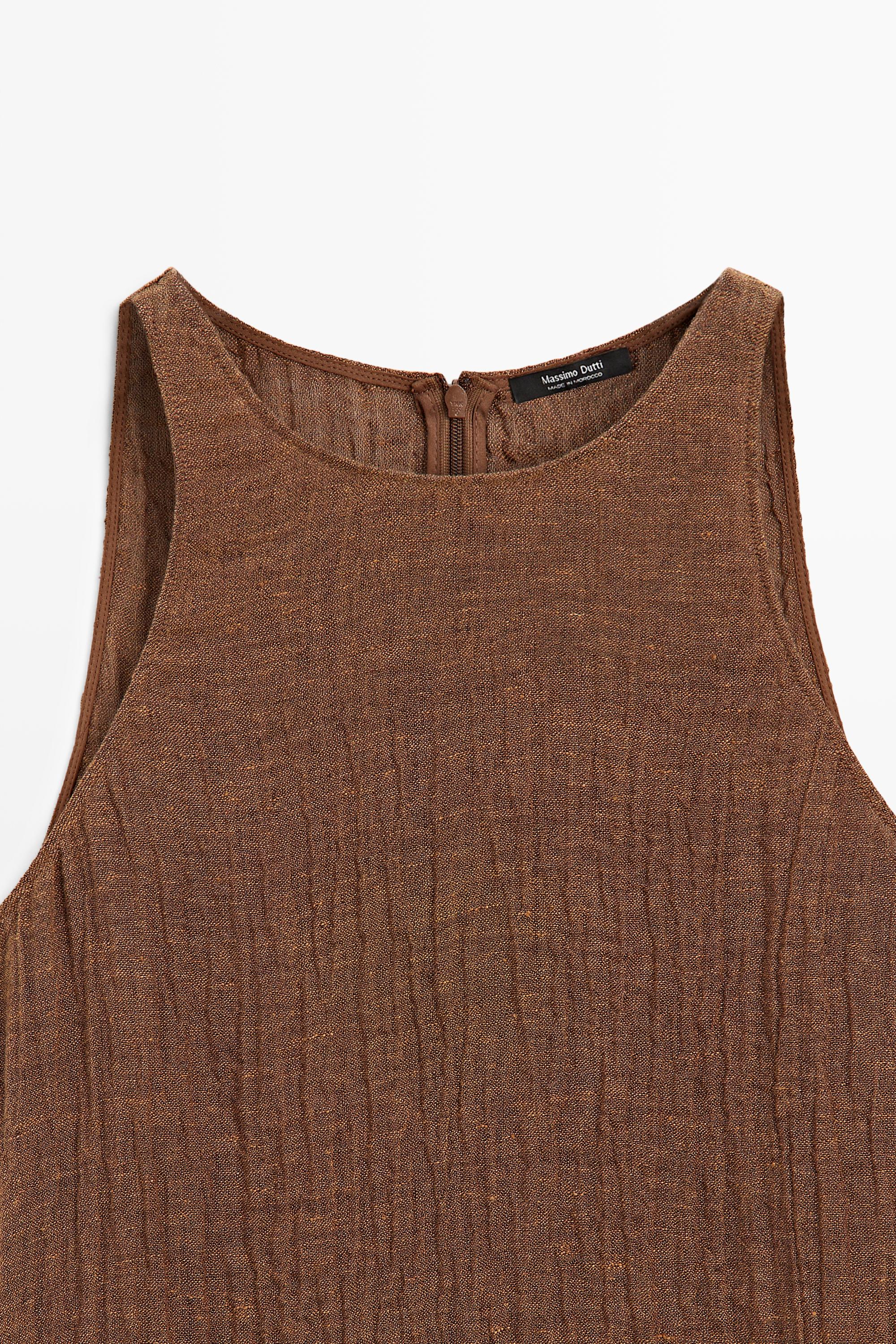 Combined linen blend midi dress — BROWN