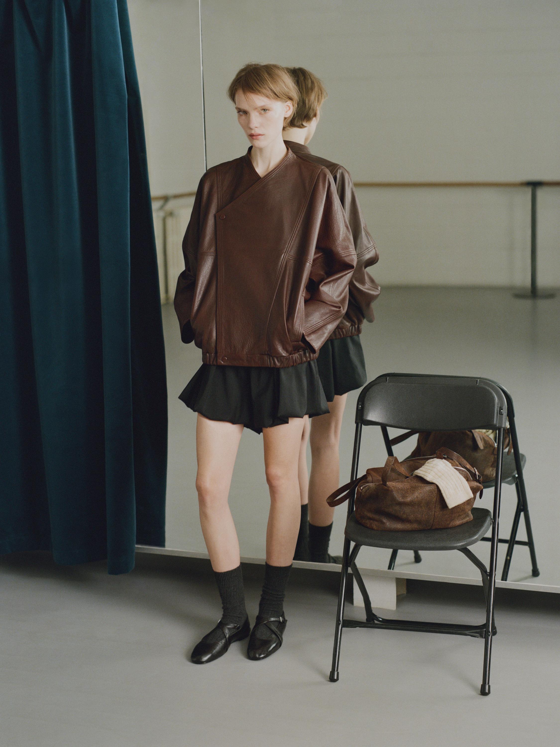 Asymmetric nappa leather bomber jacket — BROWN