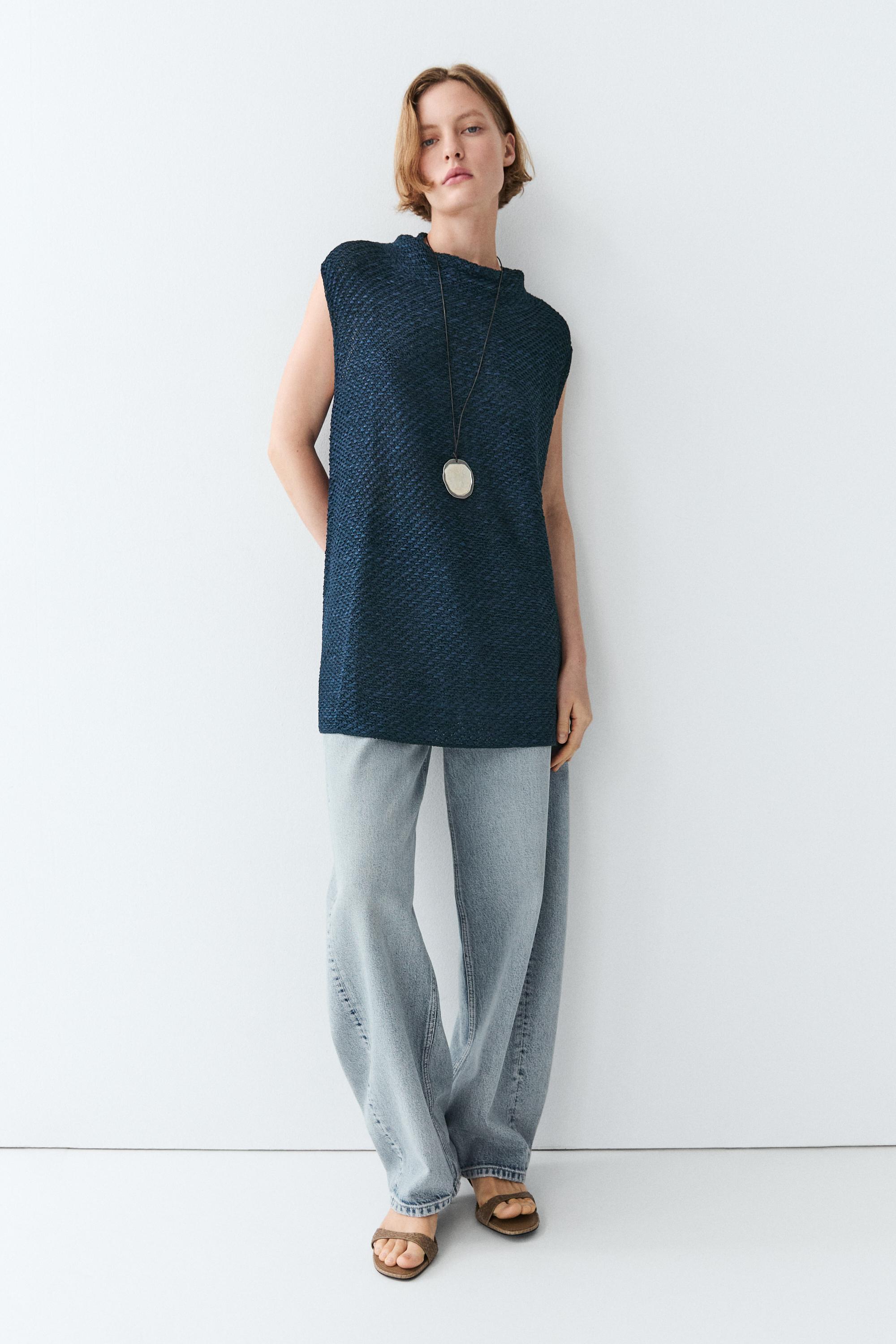 Cotton blend roll neck top — Dark Blue