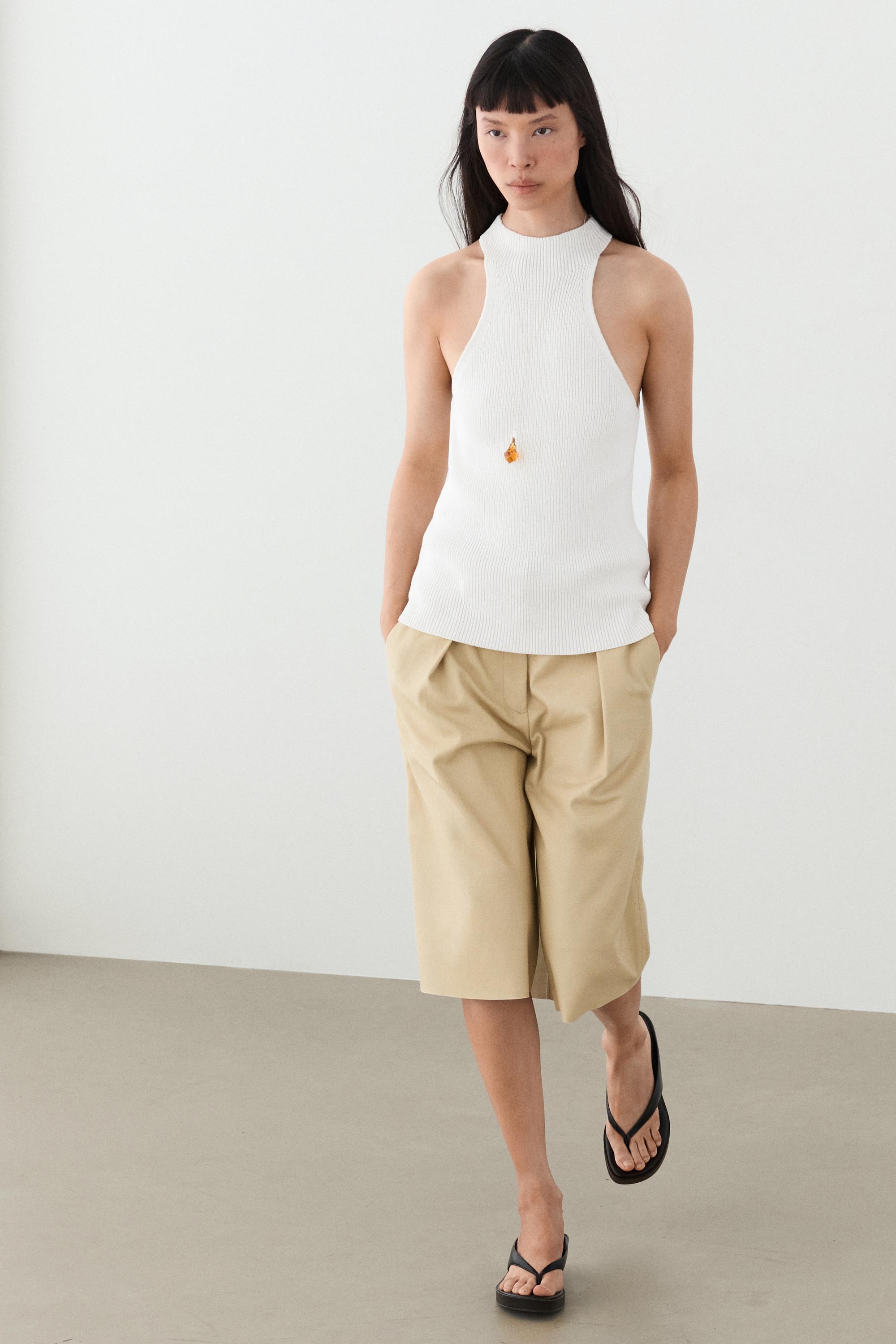 Cotton blend halter top with ribbed detail — WHITE