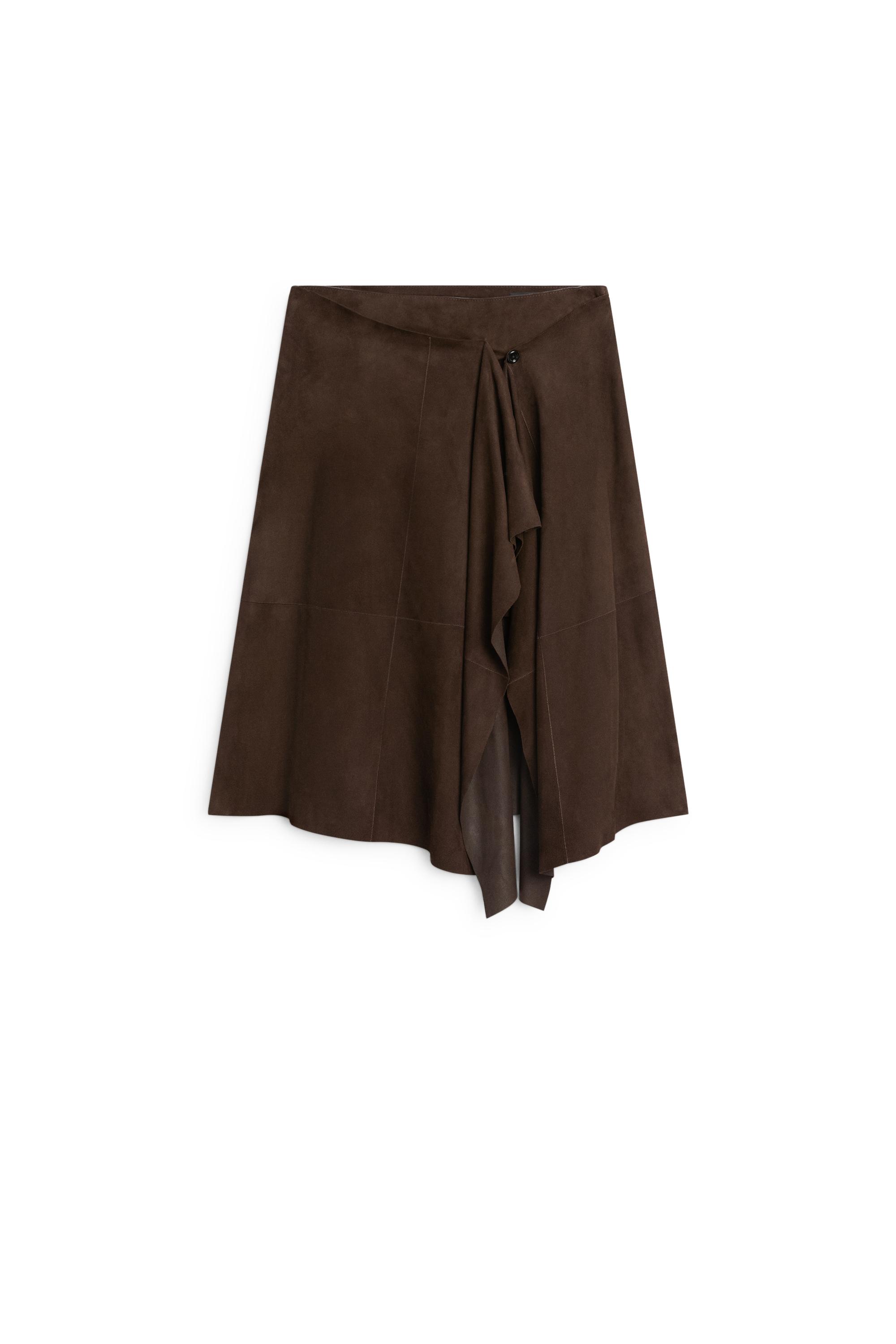 Suede leather midi skirt with ruffle detail — BROWN