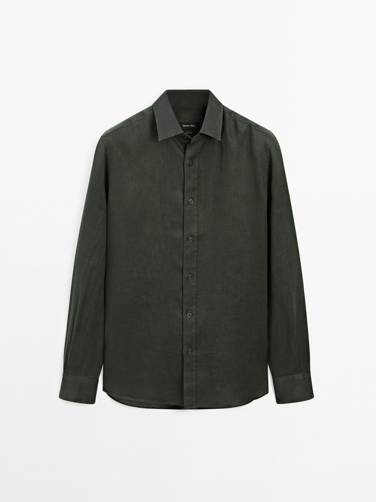 Massimo Dutti - Herre - Slim Fit Skjorte I 100% Hør - Mørkegrøn - L
