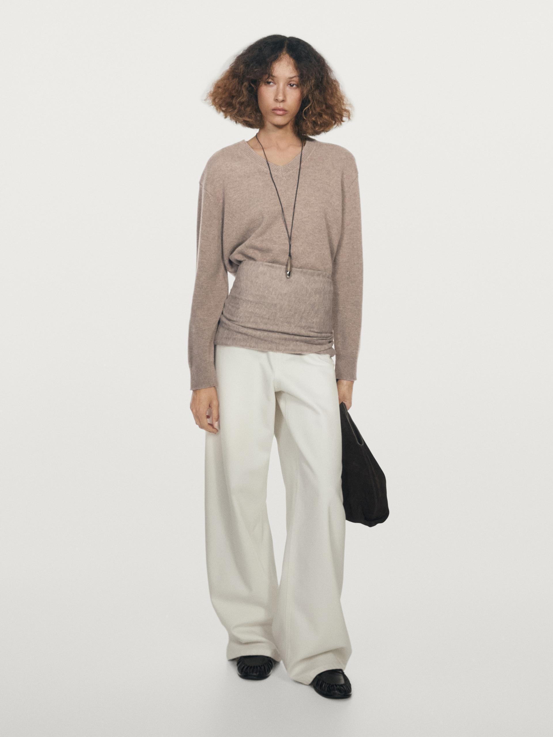 Jersey Punto Cuello Pico Coderas - Visón - Xs - Massimo Dutti - Mujer